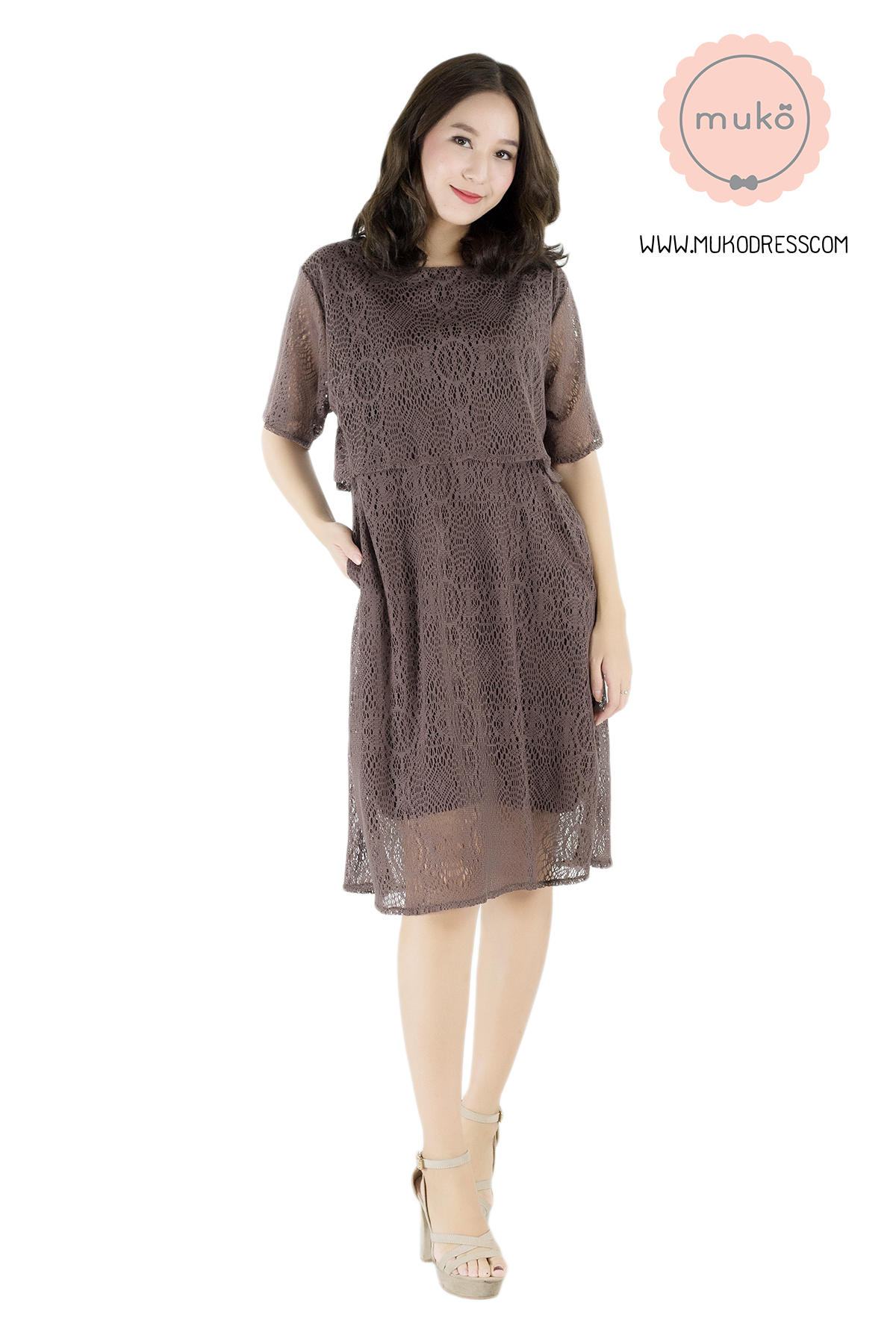 Muko Rosie Lace Dress เดรสเปิดให้นม คลุมท้อง DZ23-005 สีน้ำตาล Muko Rosie Lace Dress เดรสเปิดให้นม คลุมท้อง DZ23-005 สีน้ำตาล