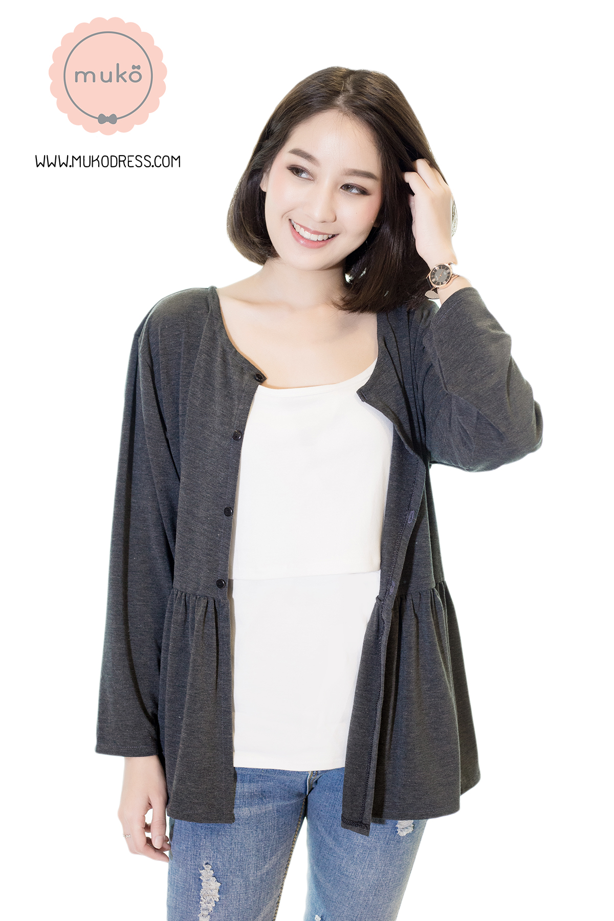 Muko Monica Cardigan เสื้อคลุม แขนตรงอกระบาย AB06-001 สีเทาเข้ม