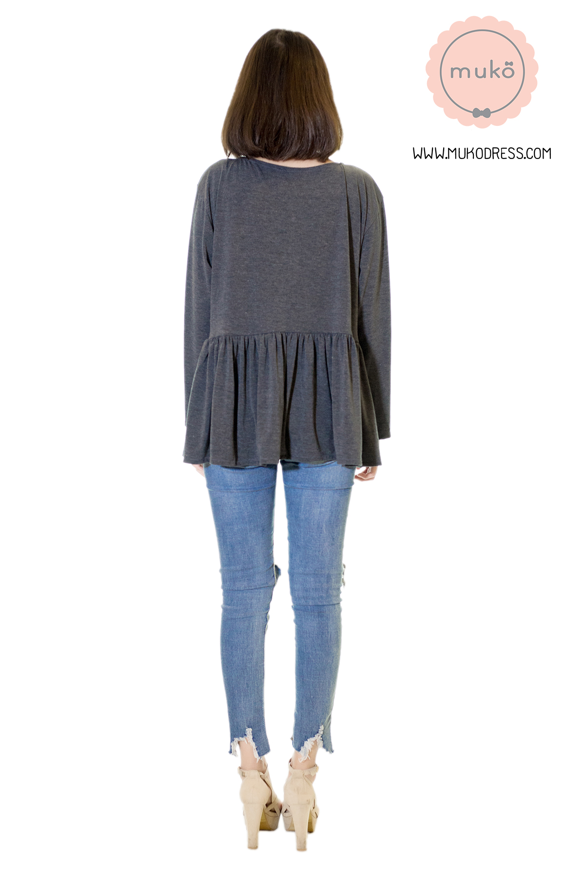 Muko Monica Cardigan เสื้อคลุม แขนตรงอกระบาย AB06-001 สีเทาเข้ม