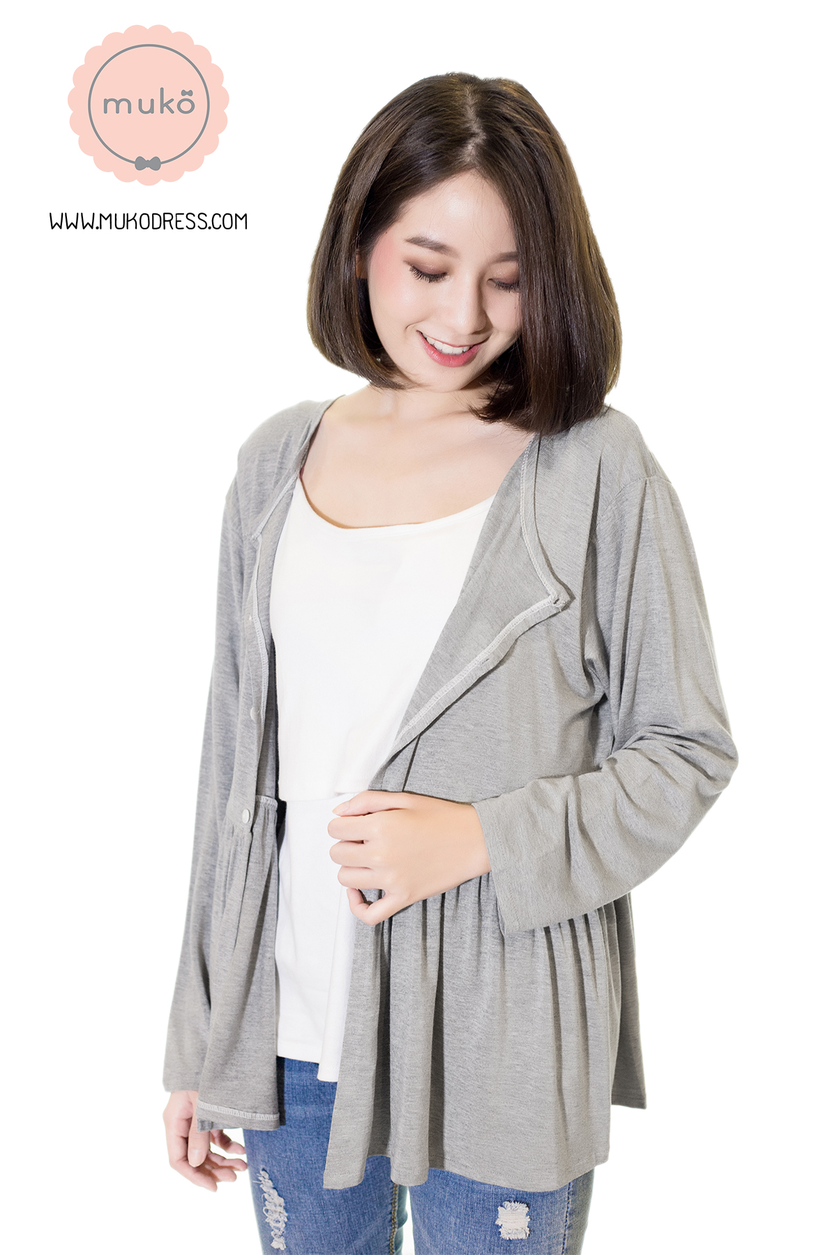 Muko Monica Cardigan เสื้อคลุม แขนตรงอกระบาย AB06-002 สีเทาอ่อน