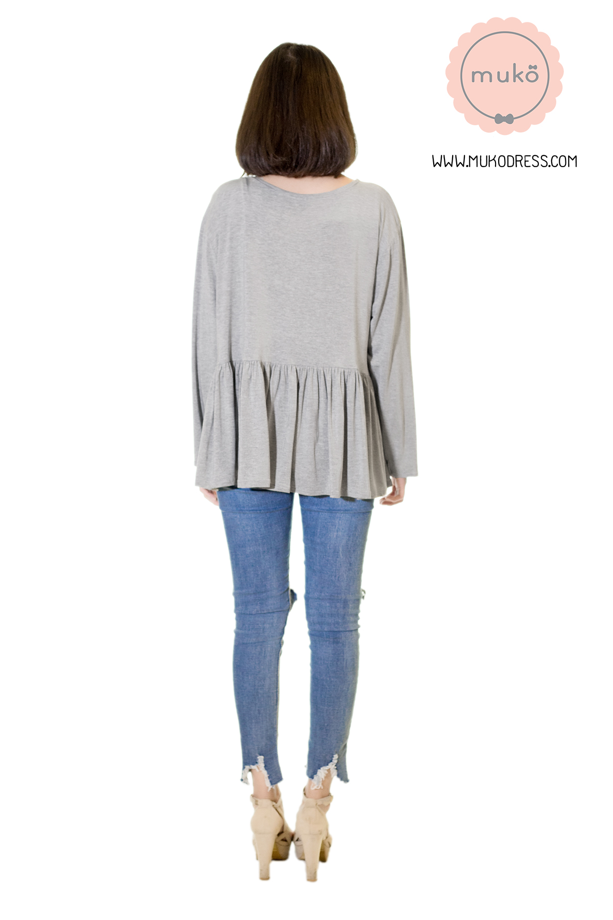 Muko Monica Cardigan เสื้อคลุม แขนตรงอกระบาย AB06-002 สีเทาอ่อน
