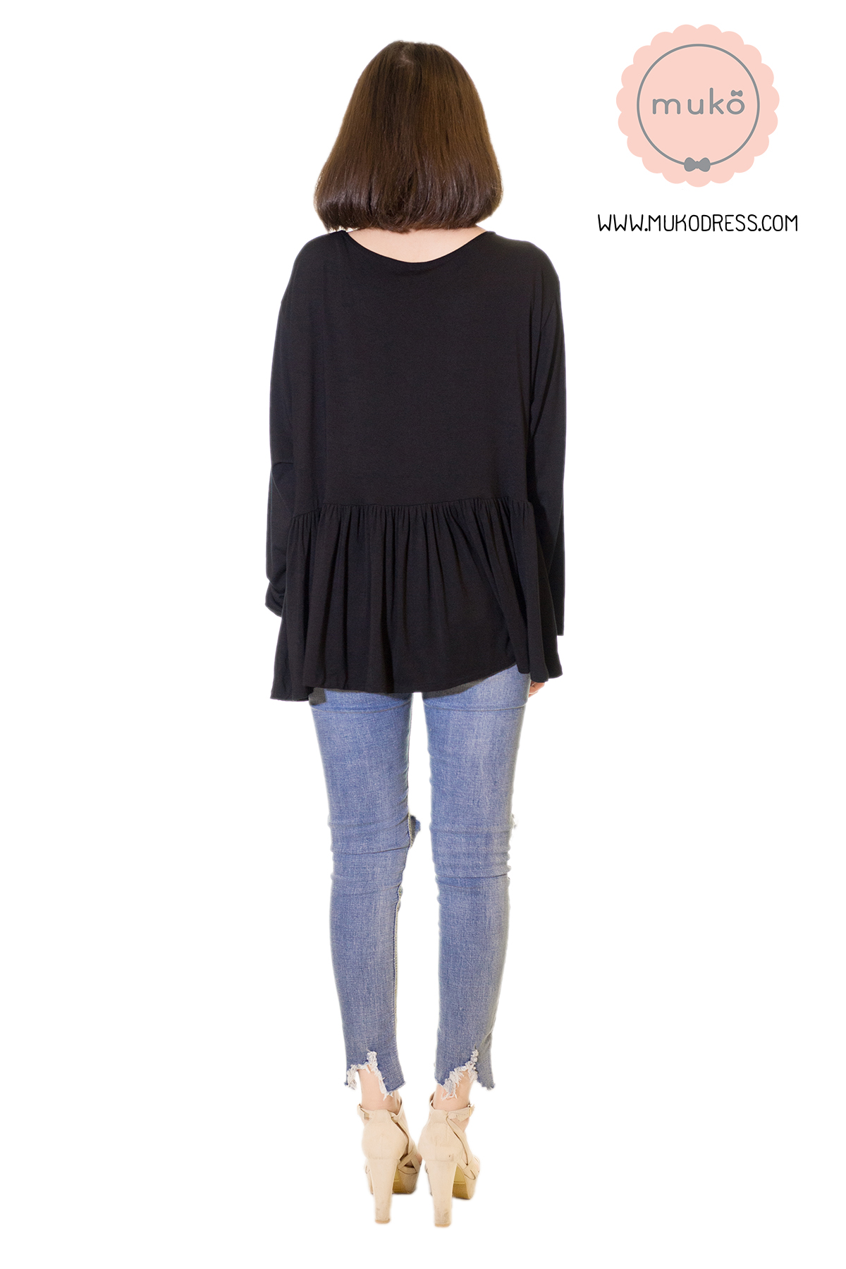 Muko Monica Cardigan เสื้อคลุม แขนตรงอกระบาย AB06-004 สีดำ