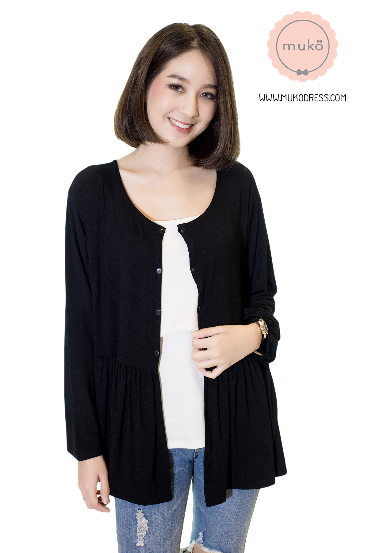 Muko Monica Cardigan เสื้อคลุม แขนตรงอกระบาย AB06-004 สีดำ