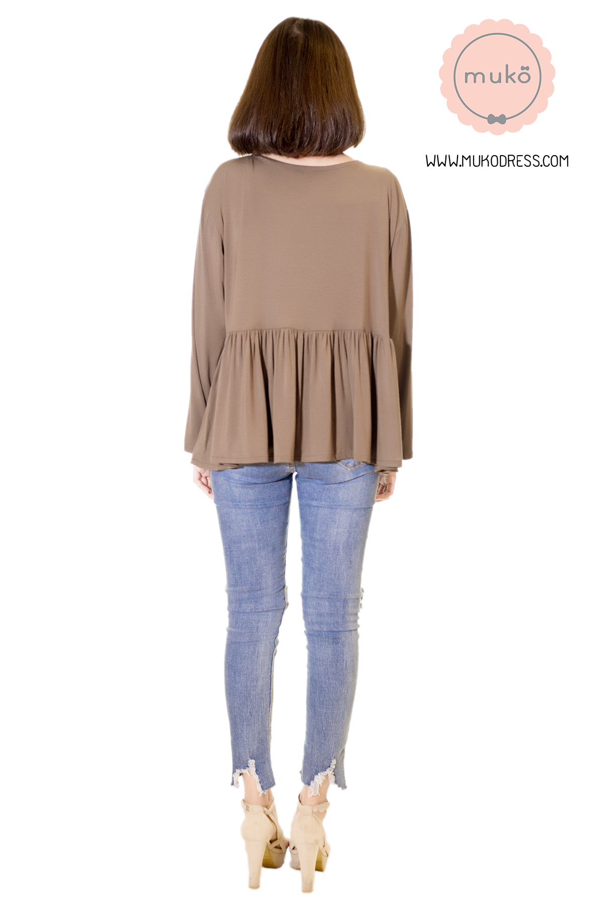 Muko Monica Cardigan เสื้อคลุม แขนตรงอกระบาย AB06-005 สีน้ำตาล