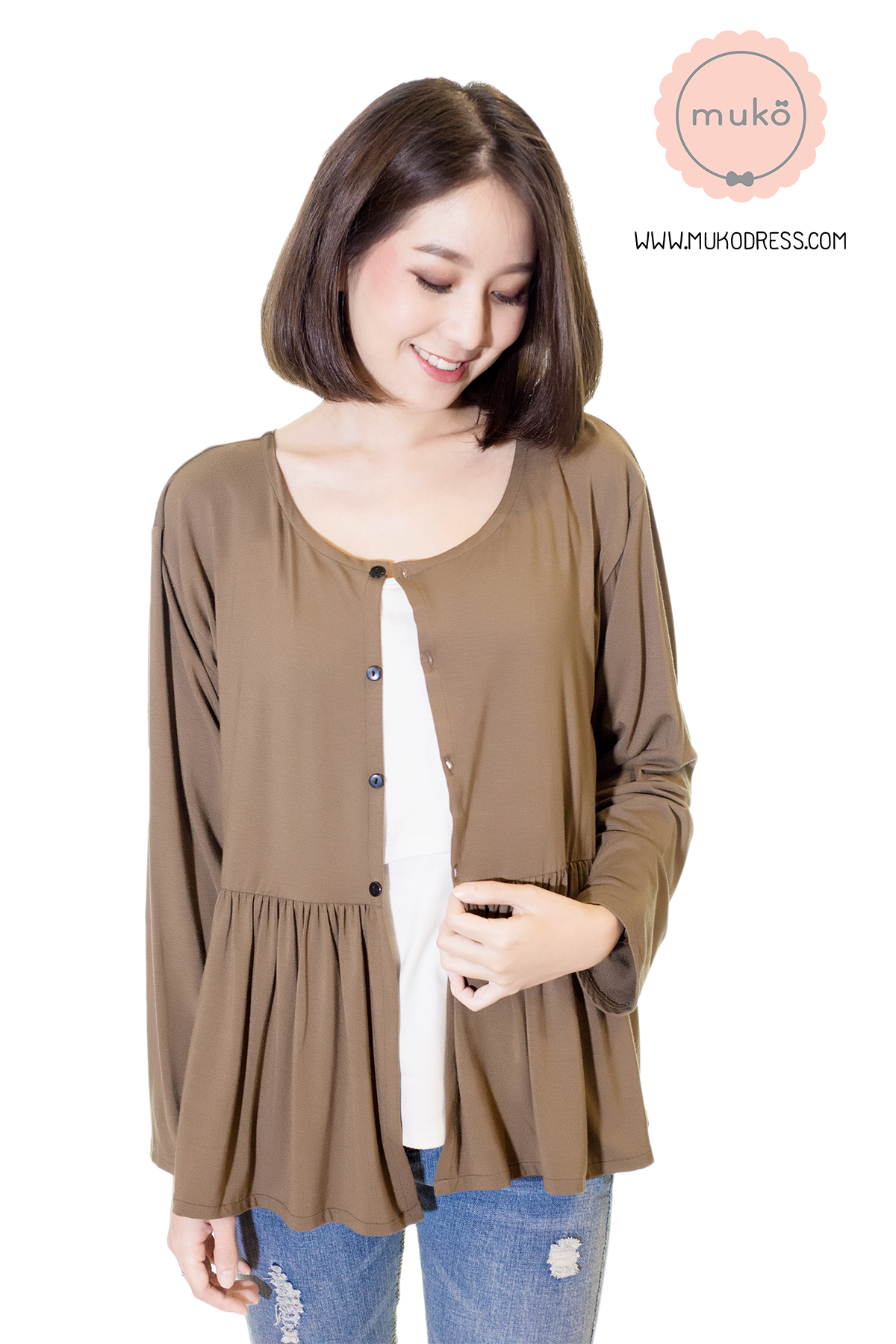Muko Monica Cardigan เสื้อคลุม แขนตรงอกระบาย AB06-005 สีน้ำตาล