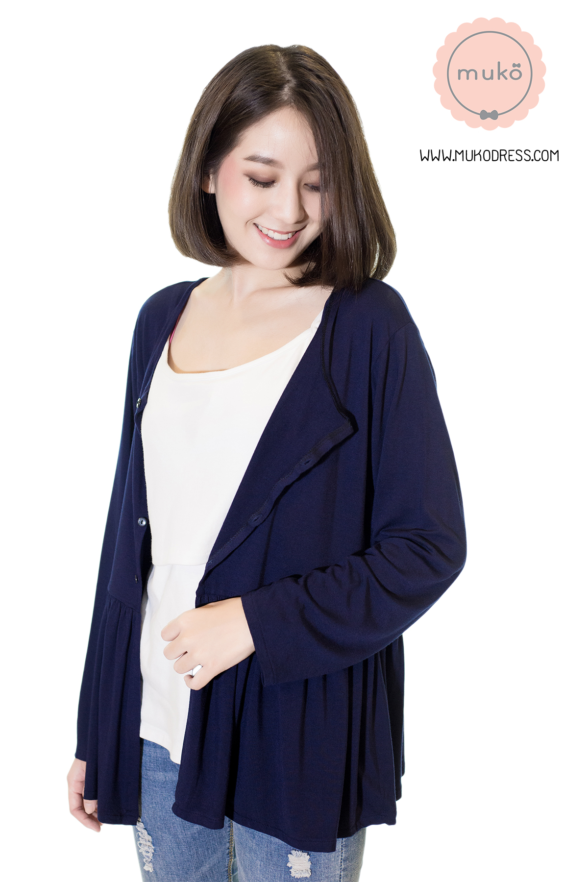 Muko Monica Cardigan เสื้อคลุม แขนตรงอกระบาย AB06-006 สีกรม