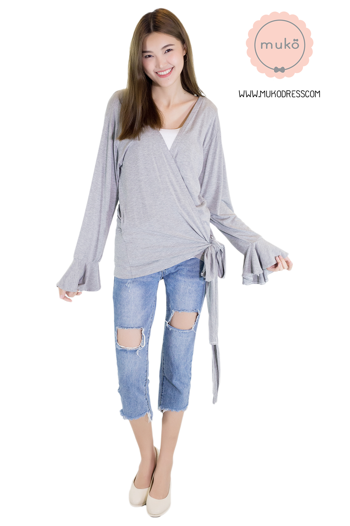 Muko Aubree Cardigan  เสื้อคลุมผ้า เอวเชือก AB07-001 สีเทาอ่อน