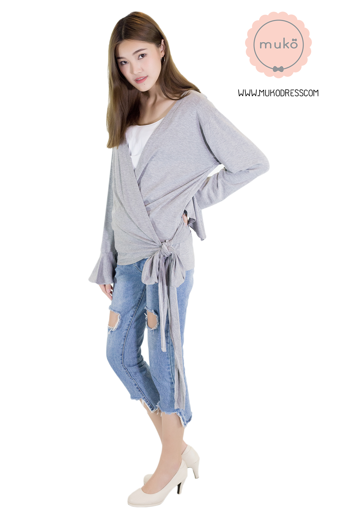 Muko Aubree Cardigan  เสื้อคลุมผ้า เอวเชือก AB07-001 สีเทาอ่อน