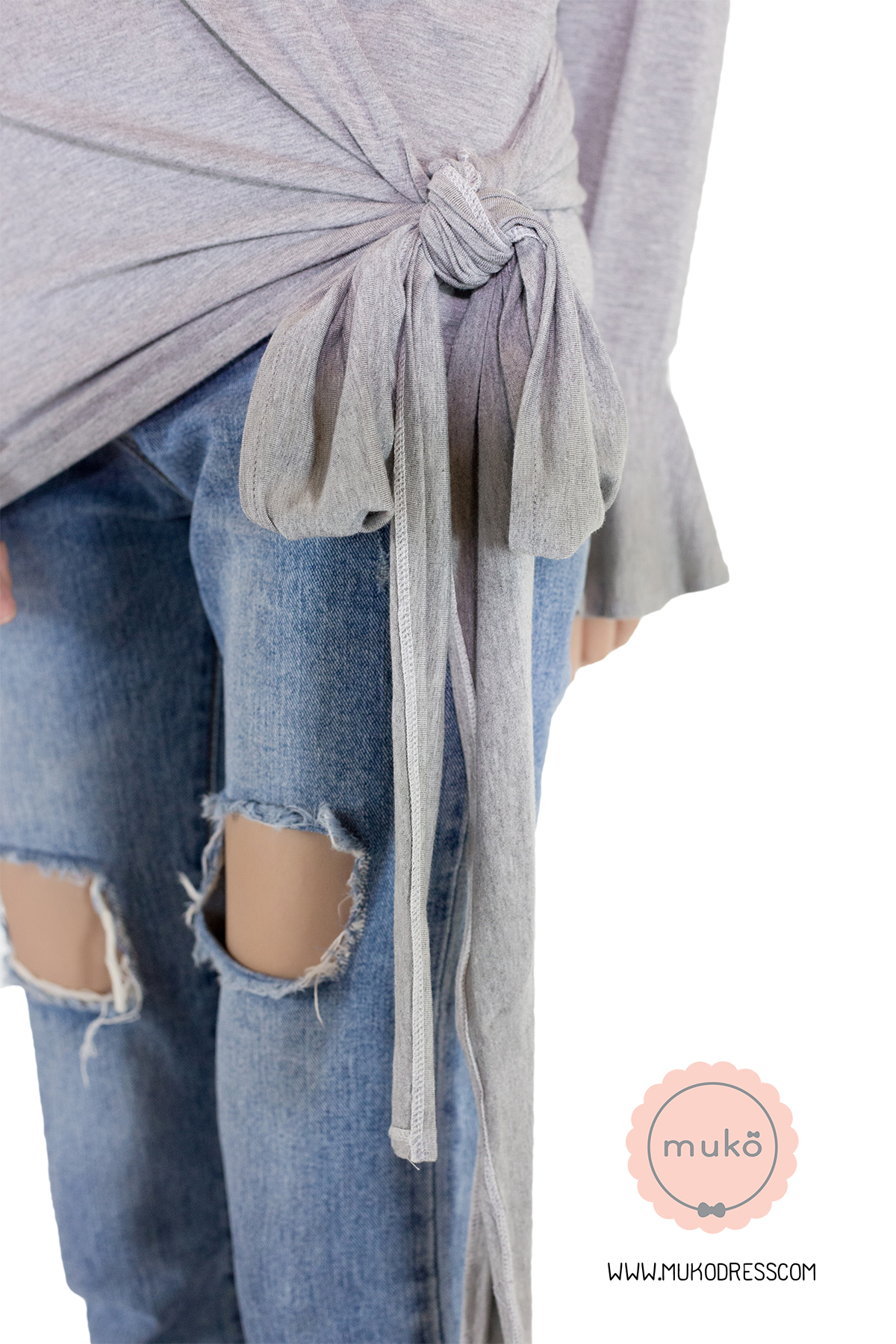 Muko Aubree Cardigan  เสื้อคลุมผ้า เอวเชือก AB07-001 สีเทาอ่อน