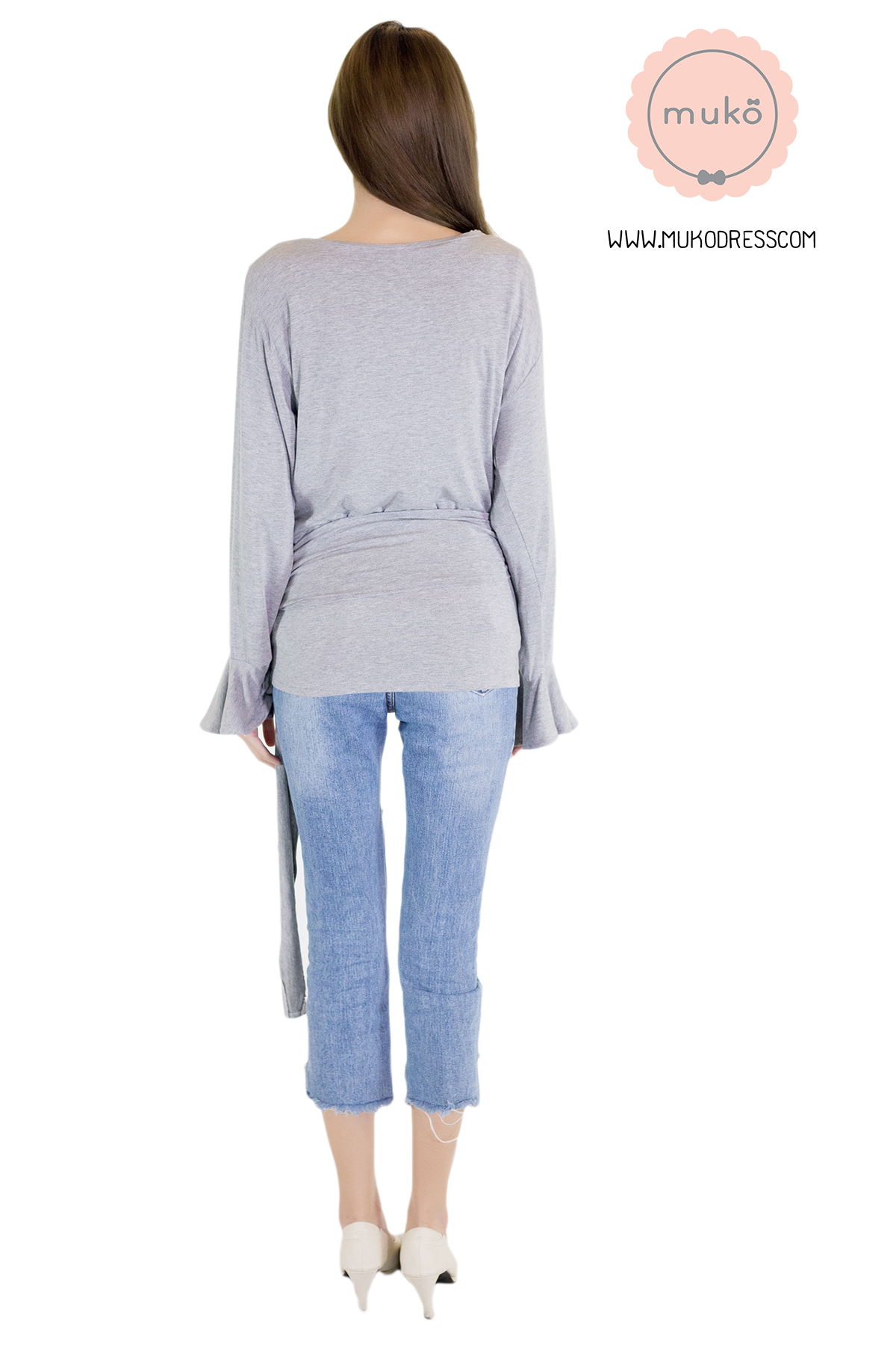 Muko Aubree Cardigan  เสื้อคลุมผ้า เอวเชือก AB07-001 สีเทาอ่อน