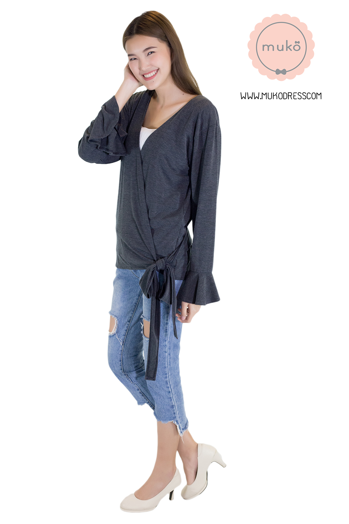 Muko Aubree Cardigan  เสื้อคลุมผ้า เอวเชือก AB07-002 สีเทาเข้ม