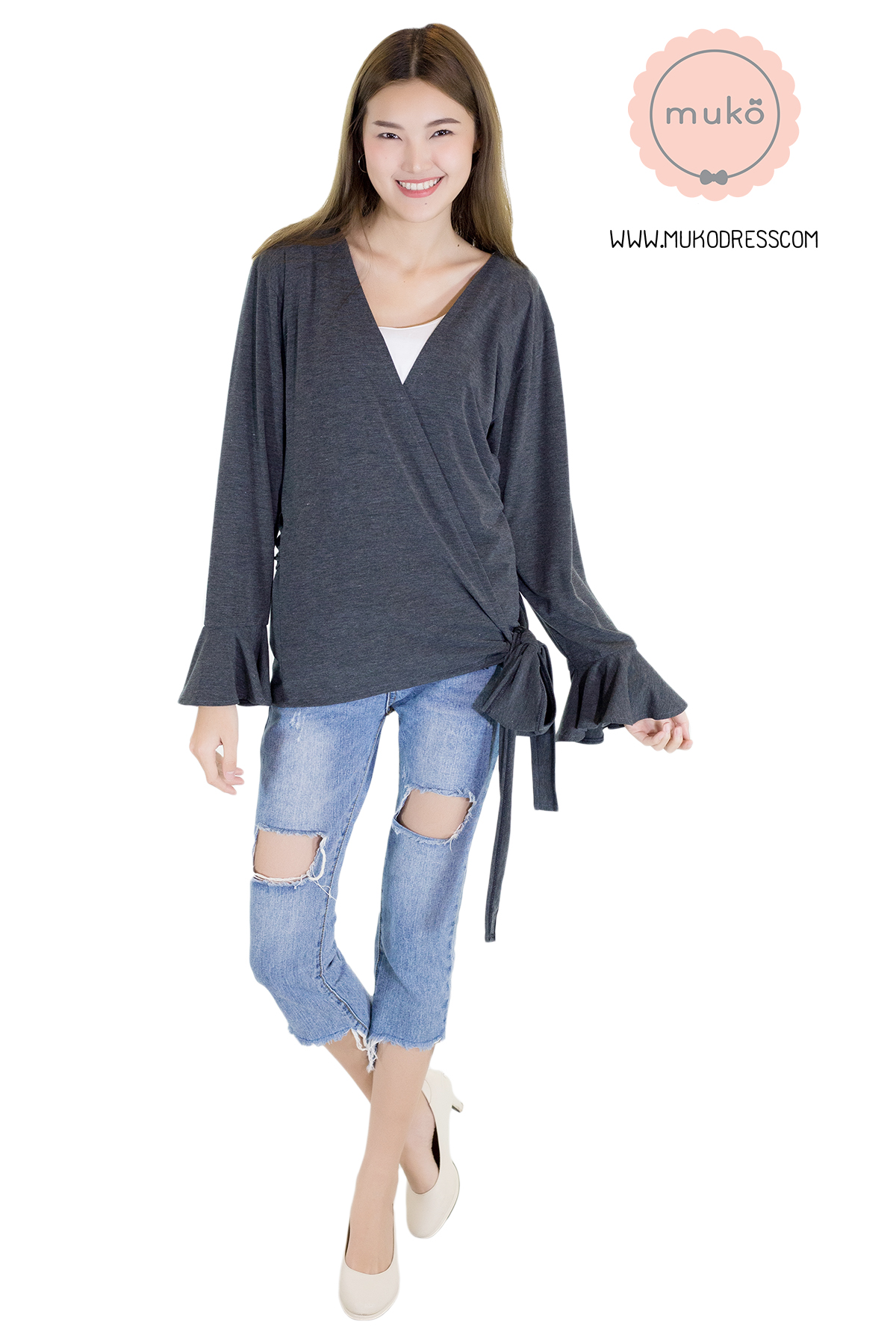 Muko Aubree Cardigan  เสื้อคลุมผ้า เอวเชือก AB07-002 สีเทาเข้ม
