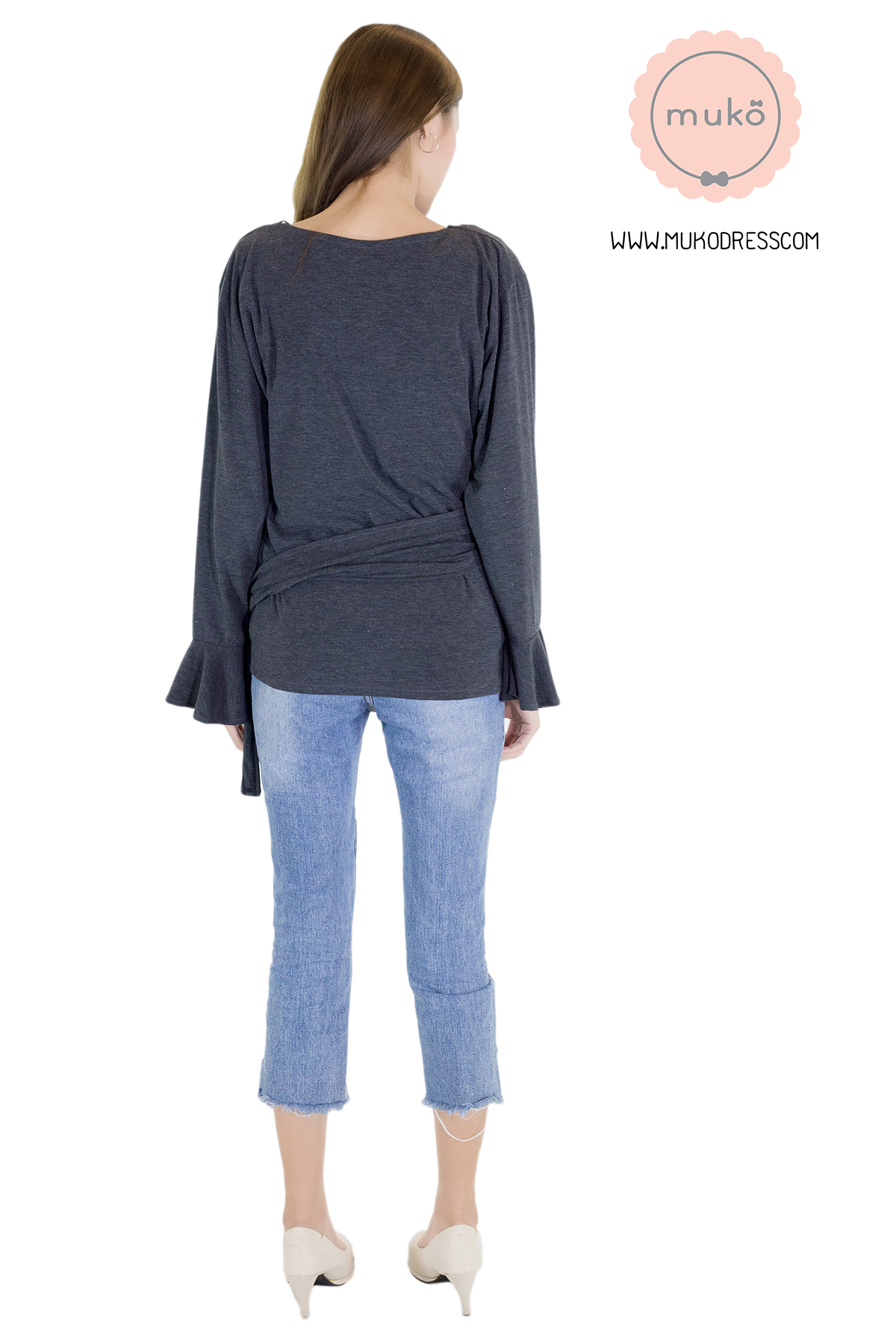 Muko Aubree Cardigan  เสื้อคลุมผ้า เอวเชือก AB07-002 สีเทาเข้ม