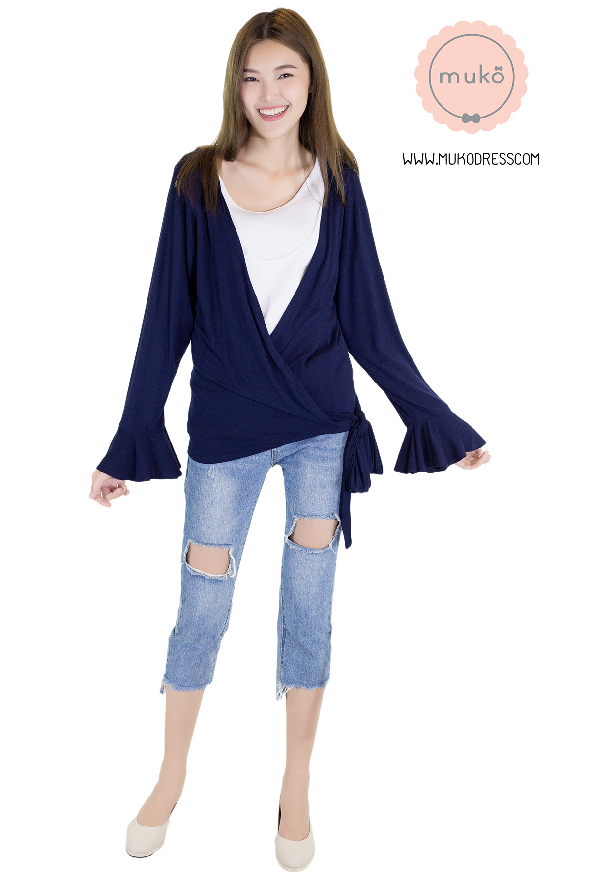 Muko Aubree Cardigan เสื้อคลุมผ้า เอวเชือก AB07-003 สีกรม