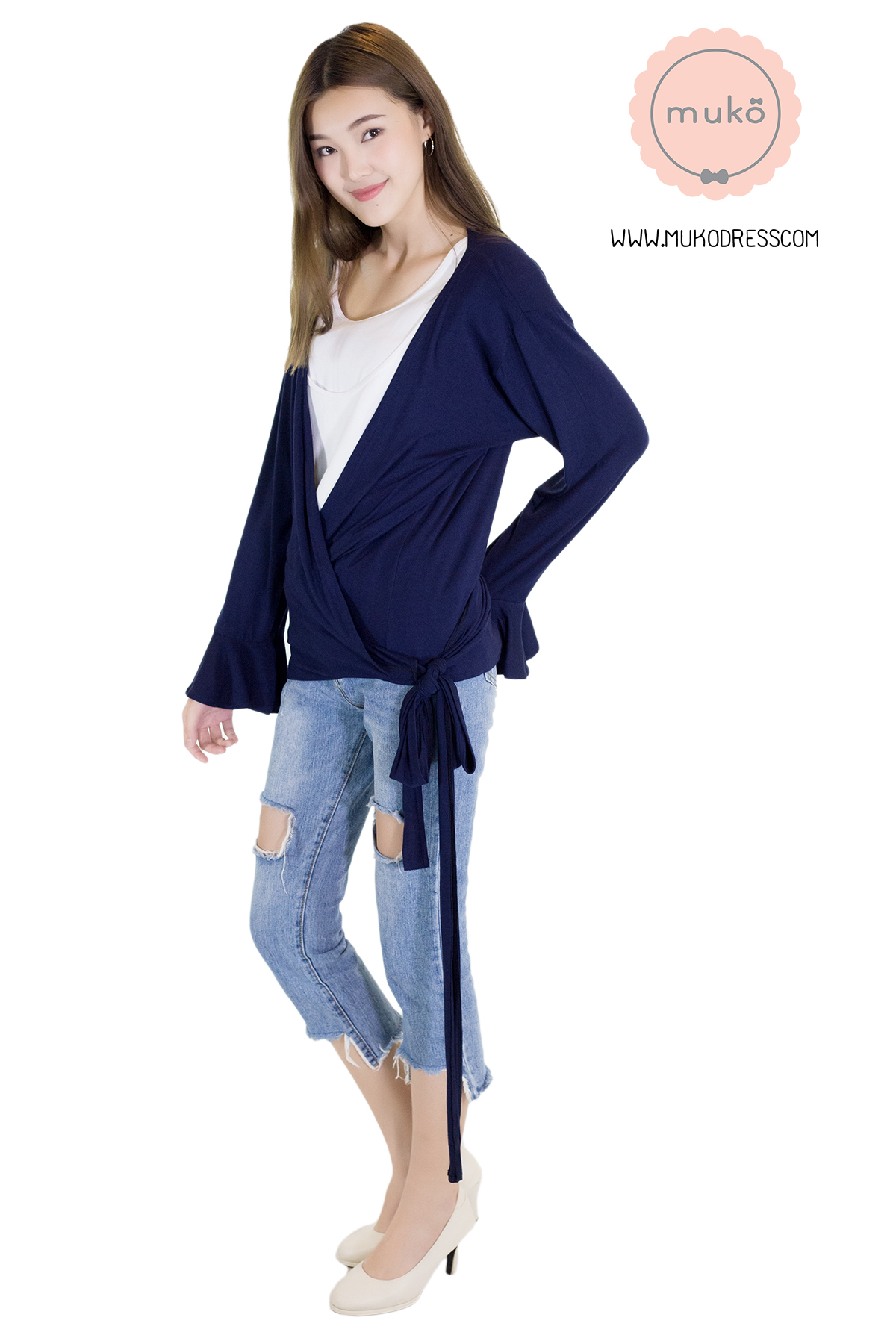 Muko Aubree Cardigan เสื้อคลุมผ้า เอวเชือก AB07-003 สีกรม