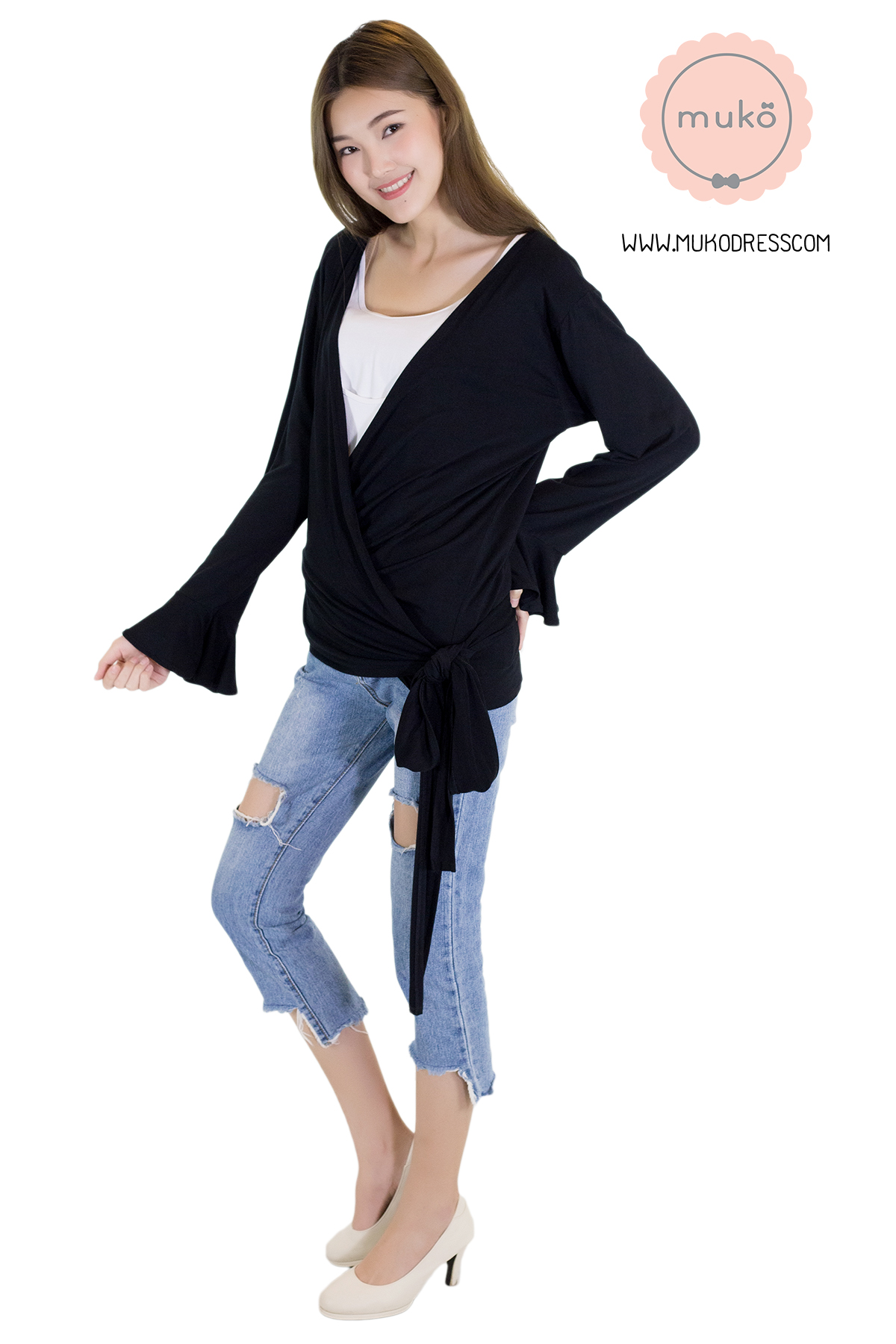 Muko Aubree Cardigan เสื้อคลุมผ้า เอวเชือก AB07-004 สีดำ
