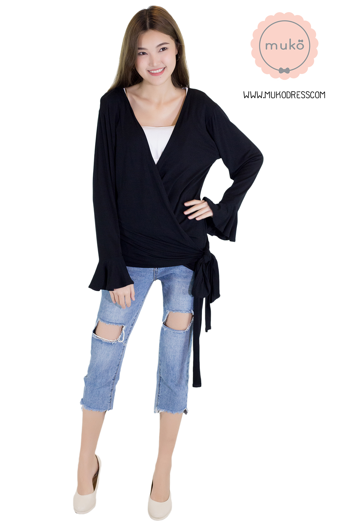 Muko Aubree Cardigan เสื้อคลุมผ้า เอวเชือก AB07-004 สีดำ