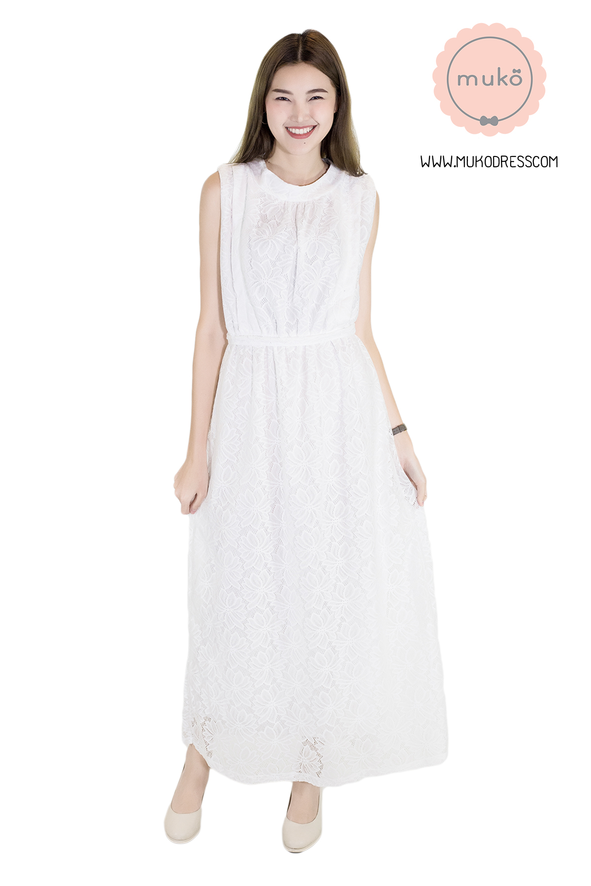 Muko Sarah Lace Dress เดรสเปิดให้นม คลุมท้อง MZ04-006 ขาว Muko Sarah Lace Dress เดรสเปิดให้นม คลุมท้อง MZ04-006 ขาว