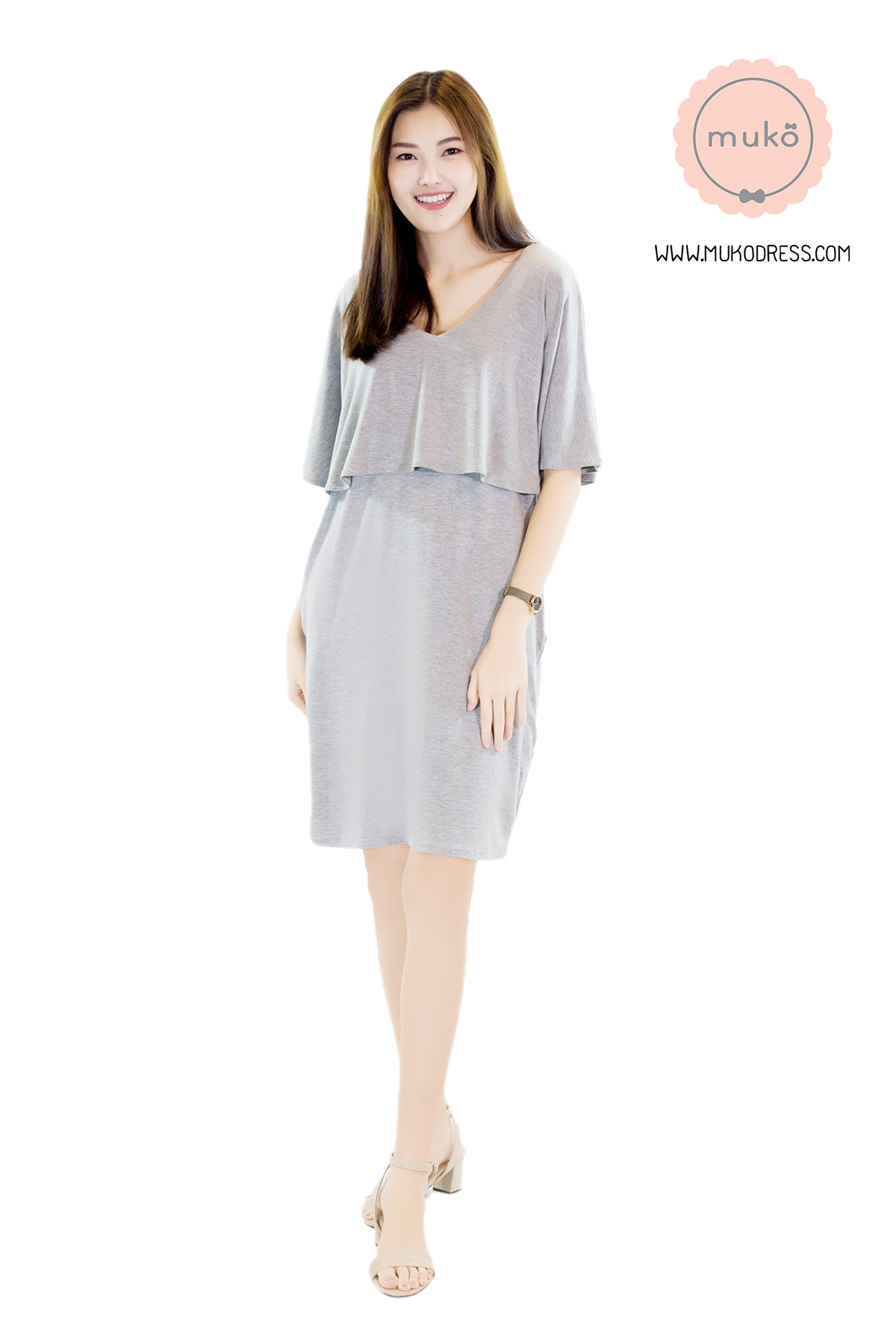 Muko Cindy เดรสเปิดให้นม คลุมท้อง DR17-006 สีเทาอ่อน