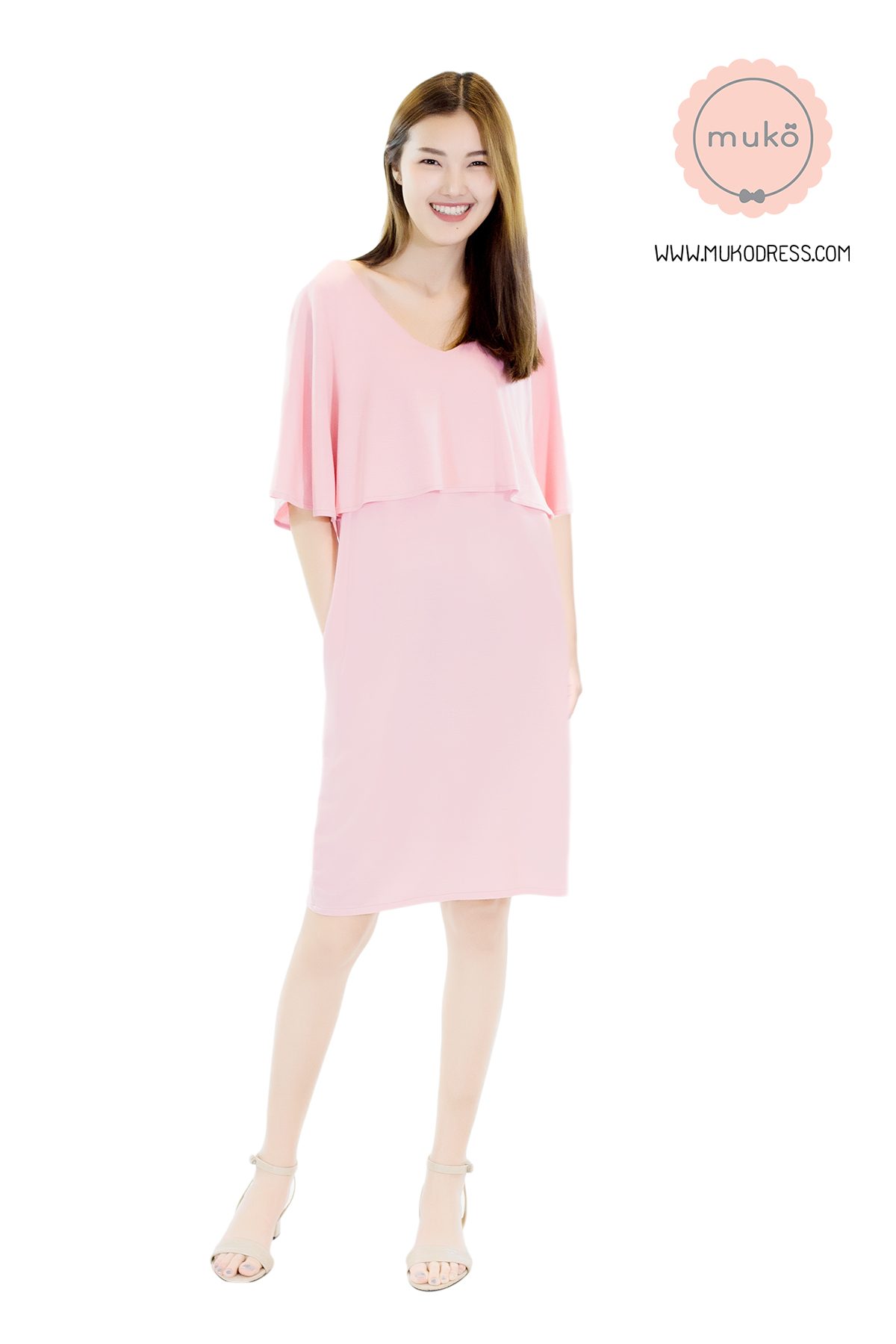 Muko Cindy เดรสเปิดให้นม คลุมท้อง DR17-007 สีชมพูนม