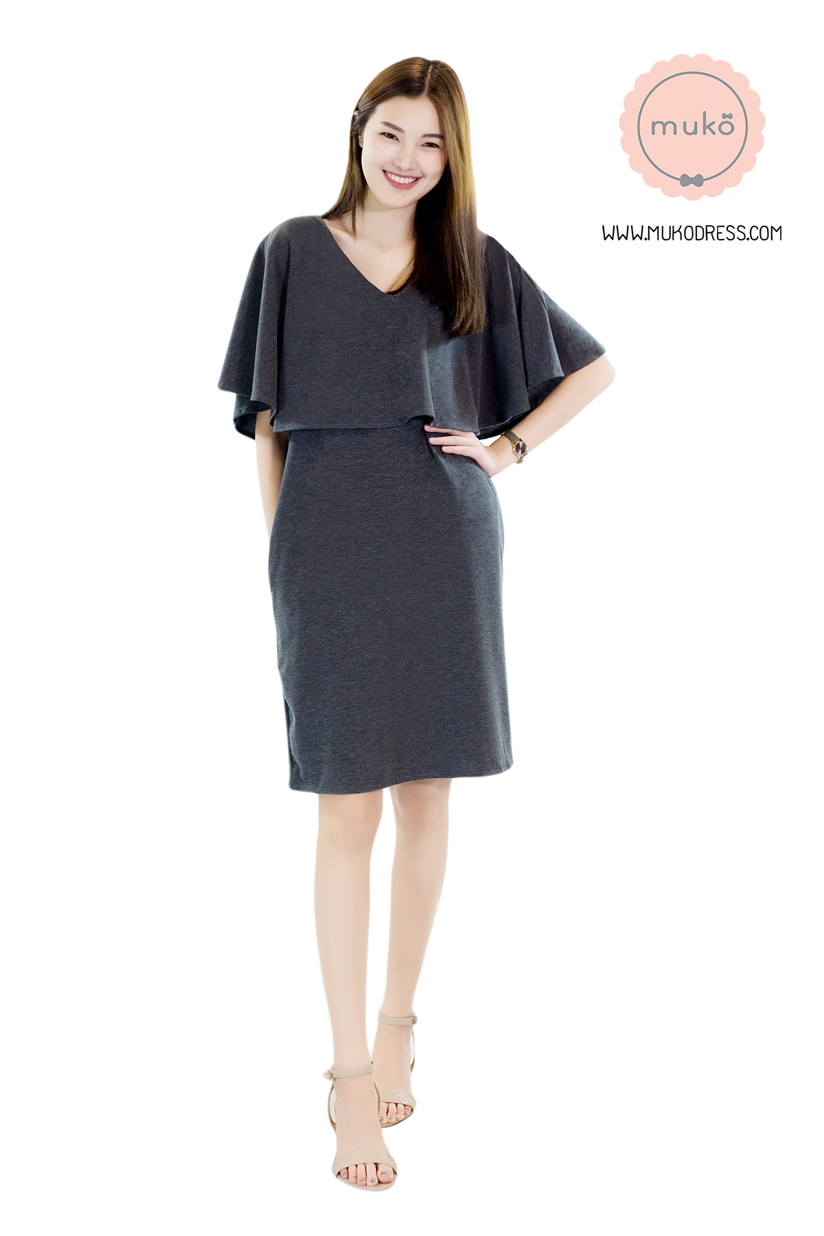 Muko Cindy เดรสเปิดให้นม คลุมท้อง  DR17-009 สีเทาเข้ม