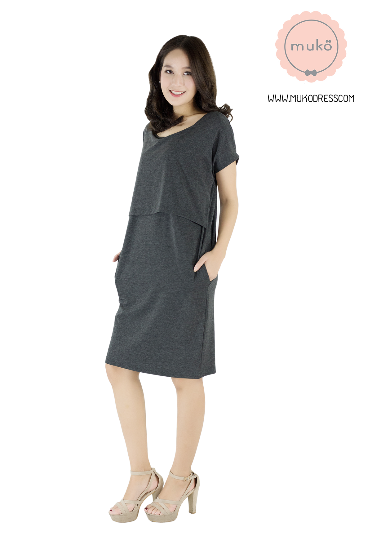 Muko AYA Jane เดรสให้นม คลุมท้อง DR15-002 สีเทาเข้ม