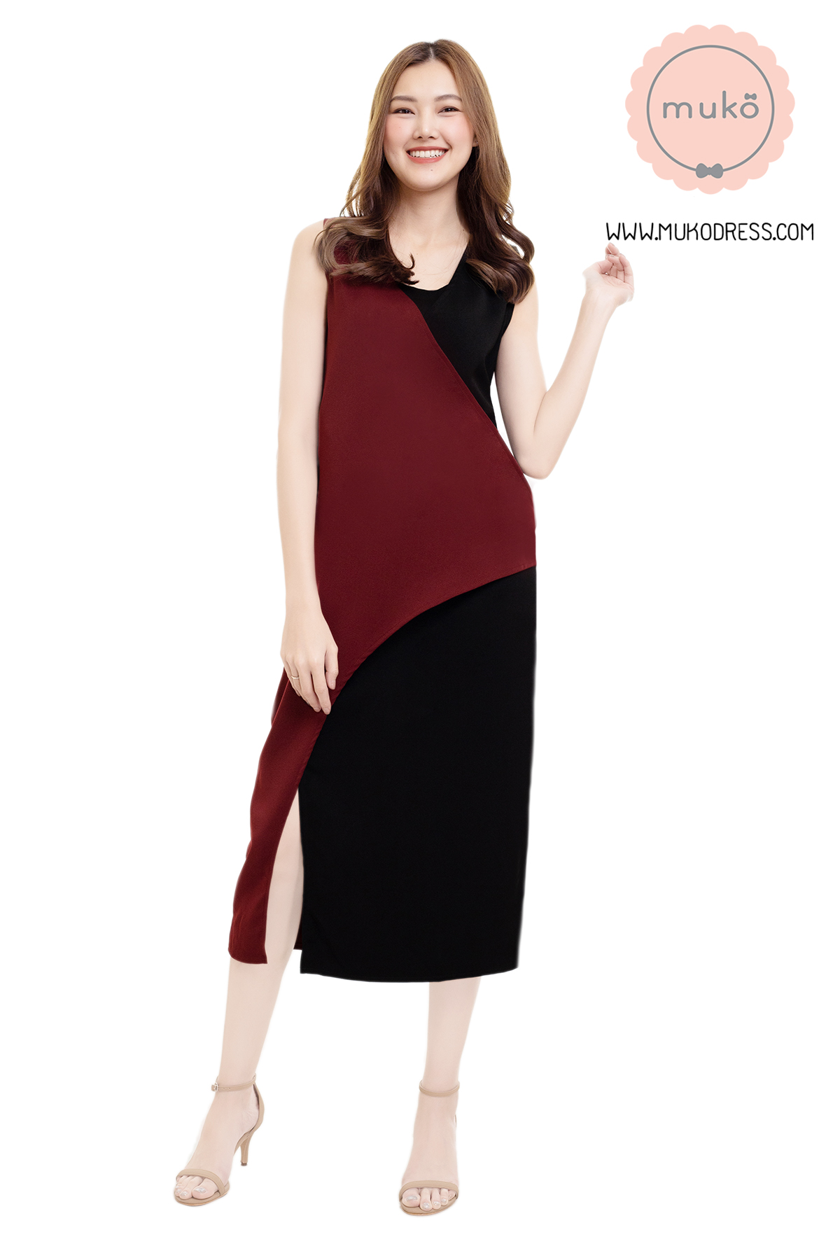 Muko Kinsley เดรสเปิดให้นม คลุมท้อง DP08-001 แดงเลือดหมู-ดำ