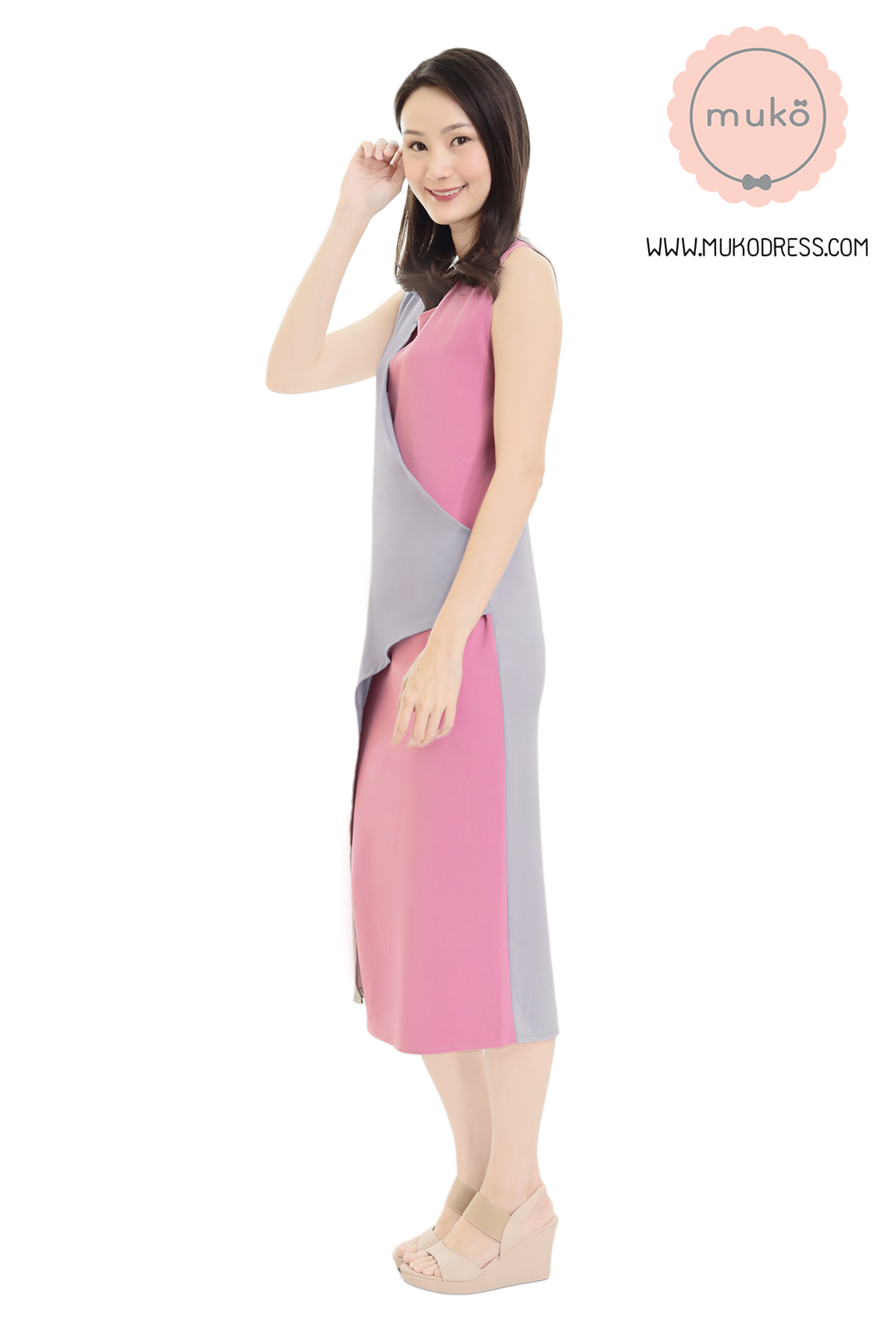 Muko Kinsley เดรสเปิดให้นม คลุมท้อง DP08-002 เทา-กะปิ