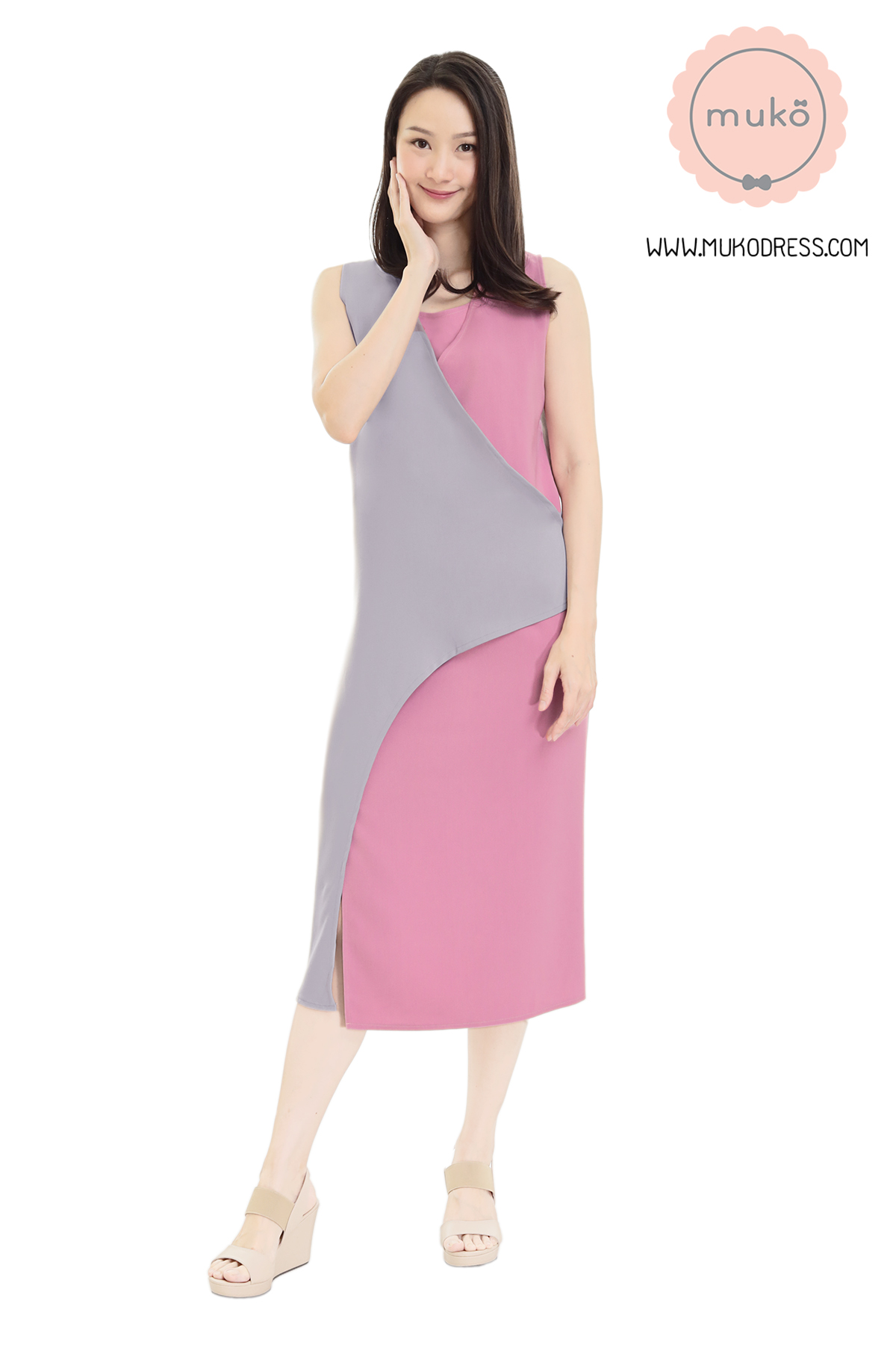 Muko Kinsley เดรสเปิดให้นม คลุมท้อง DP08-002 เทา-กะปิ
