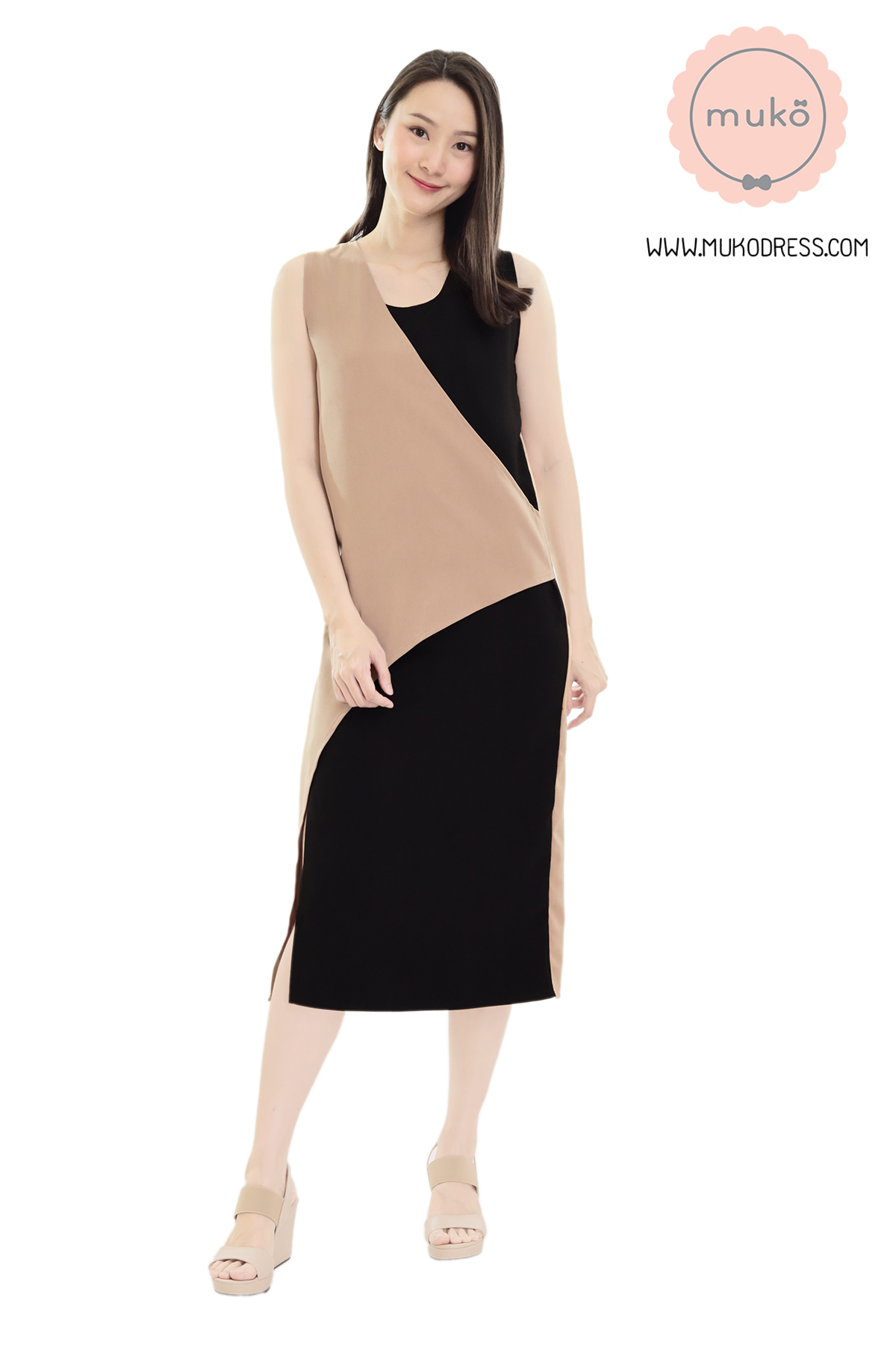 Muko Kinsley เดรสเปิดให้นม คลุมท้อง DP08-004 ลาเต้-ดำ