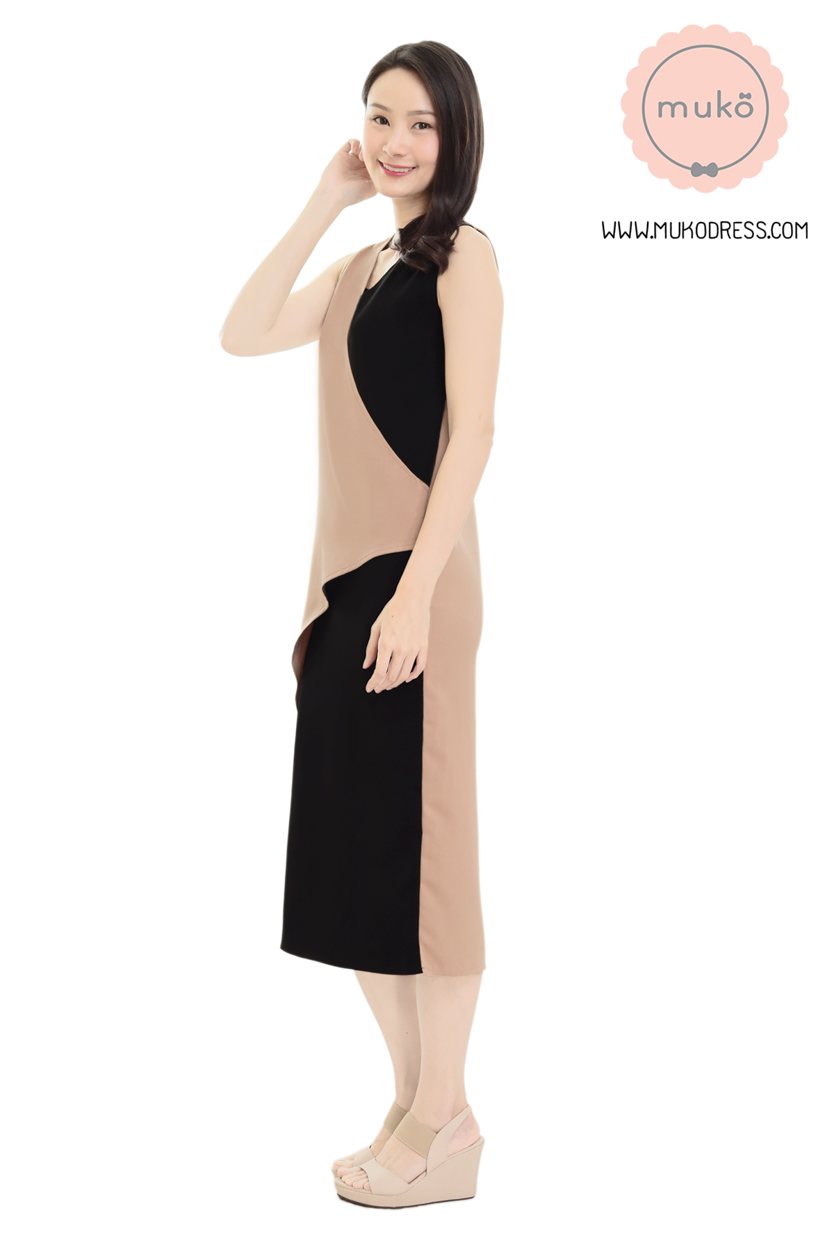 Muko Kinsley เดรสเปิดให้นม คลุมท้อง DP08-004 ลาเต้-ดำ