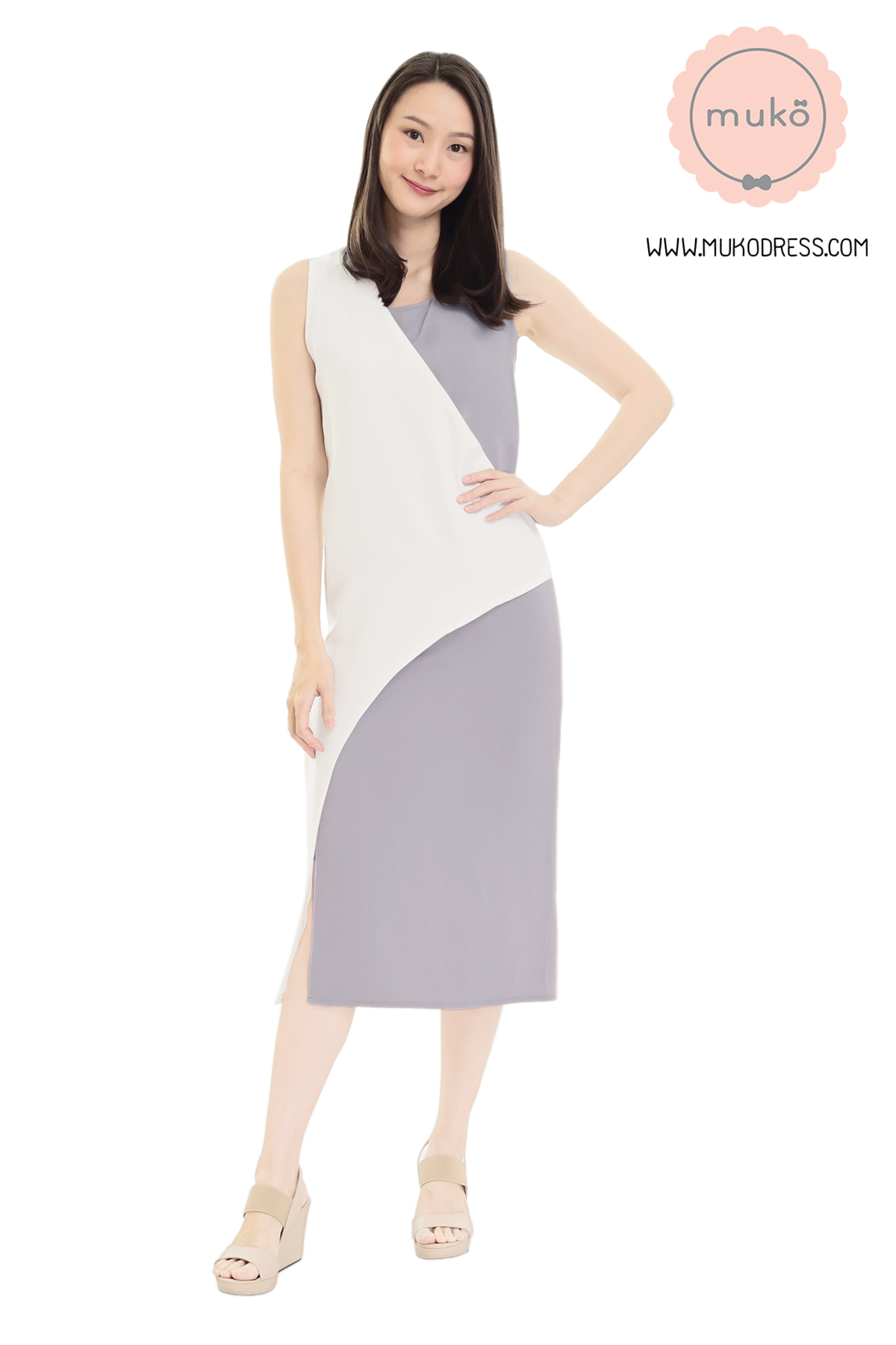 Muko Kinsley เดรสเปิดให้นม คลุมท้อง DP08-006 ขาว-เทา