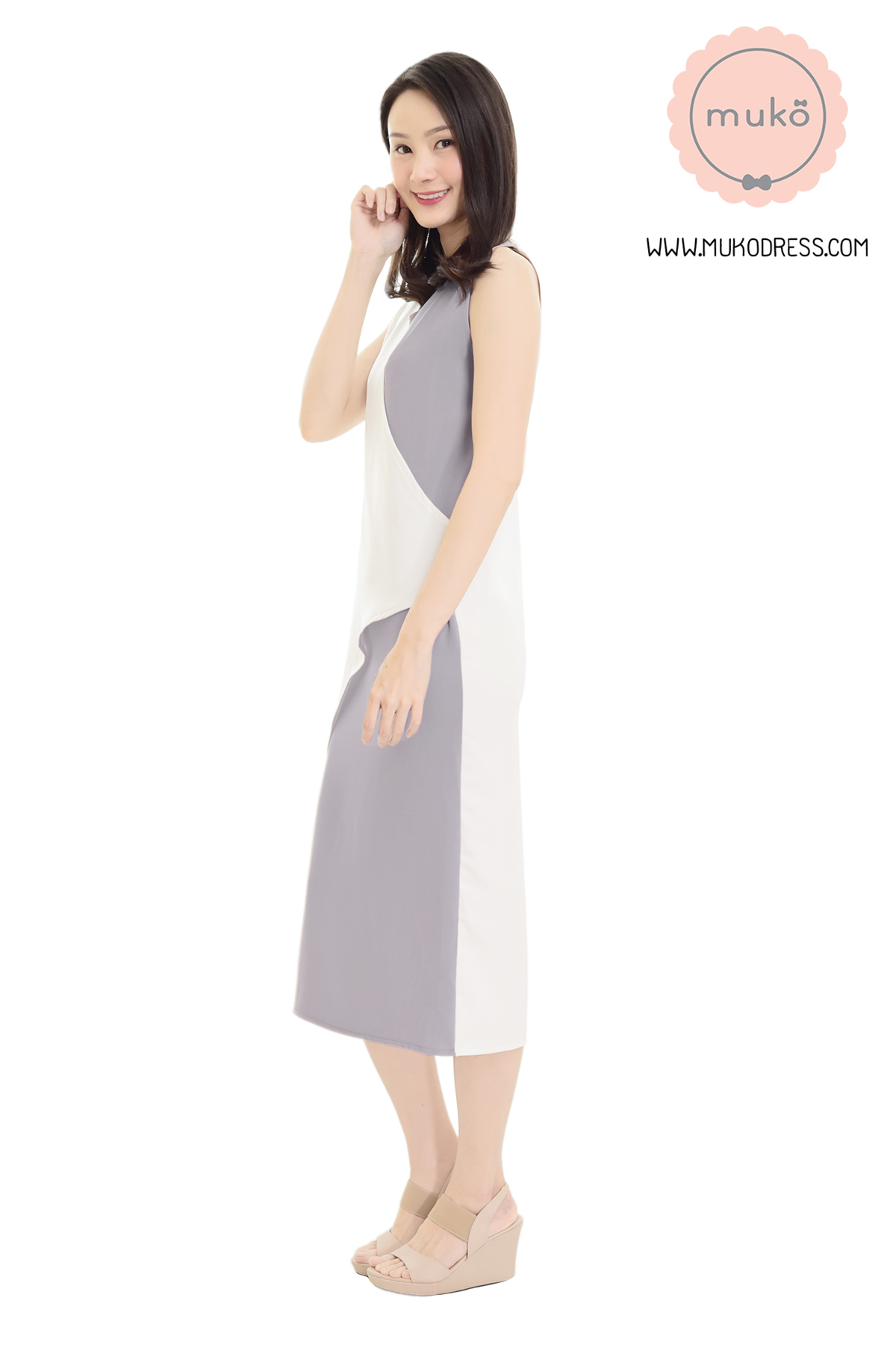 Muko Kinsley เดรสเปิดให้นม คลุมท้อง DP08-006 ขาว-เทา