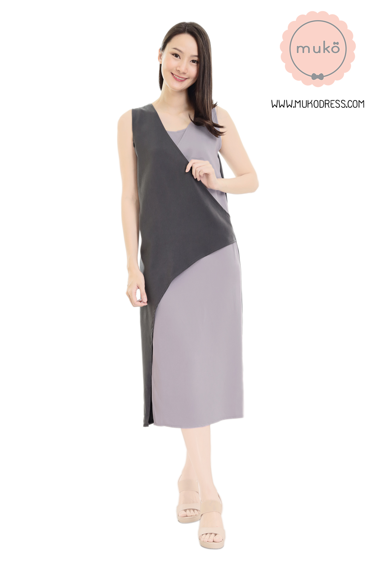 Muko Kinsley เดรสเปิดให้นม คลุมท้อง DP08-007 เทาเข้ม-เทาอ่อน