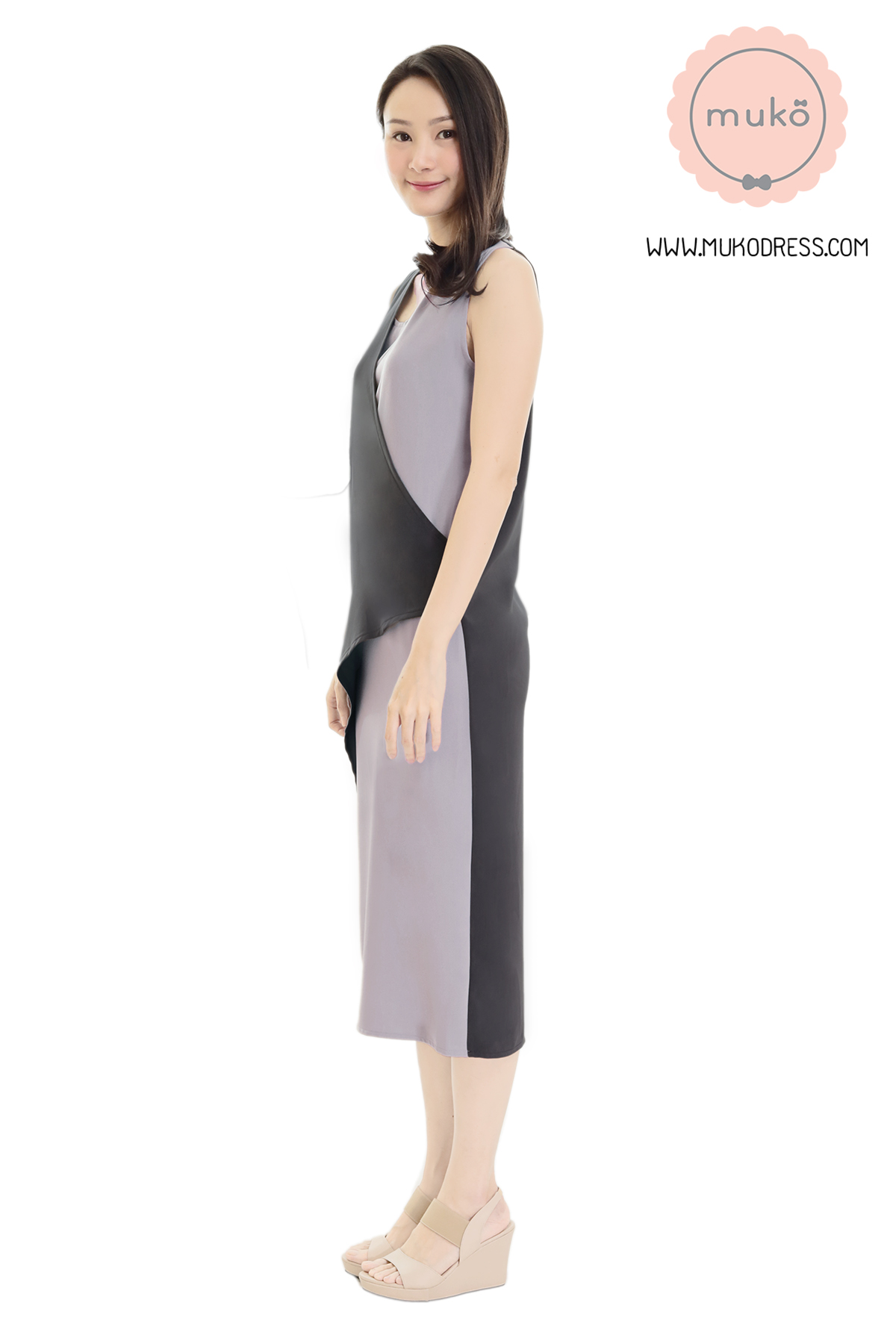 Muko Kinsley เดรสเปิดให้นม คลุมท้อง DP08-007 เทาเข้ม-เทาอ่อน