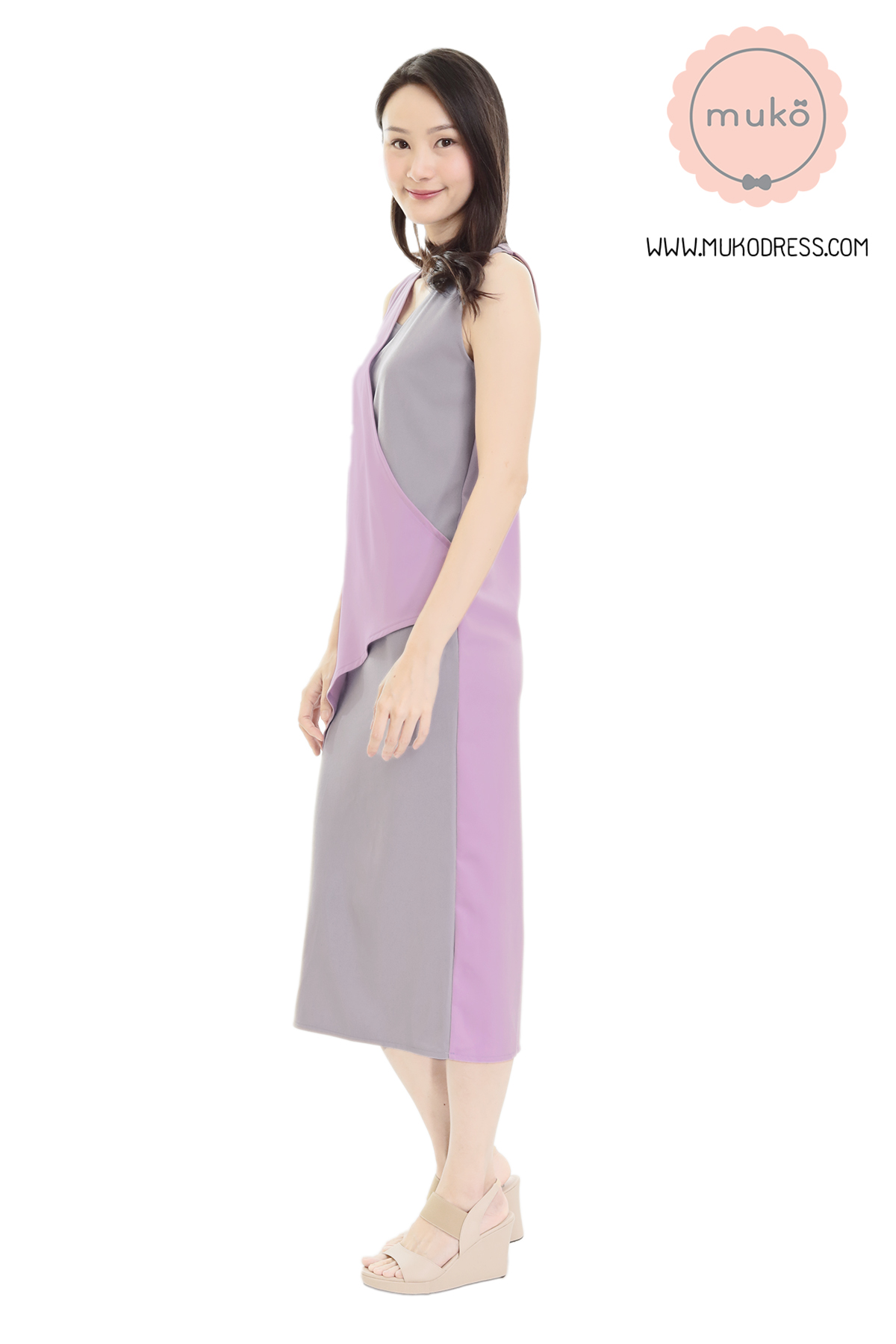 Muko Kinsley เดรสเปิดให้นม คลุมท้อง DP08-008 ม่วง-เทาอ่อน