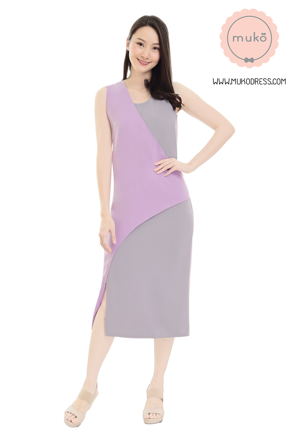 Muko Kinsley เดรสเปิดให้นม คลุมท้อง DP08-008 ม่วง-เทาอ่อน