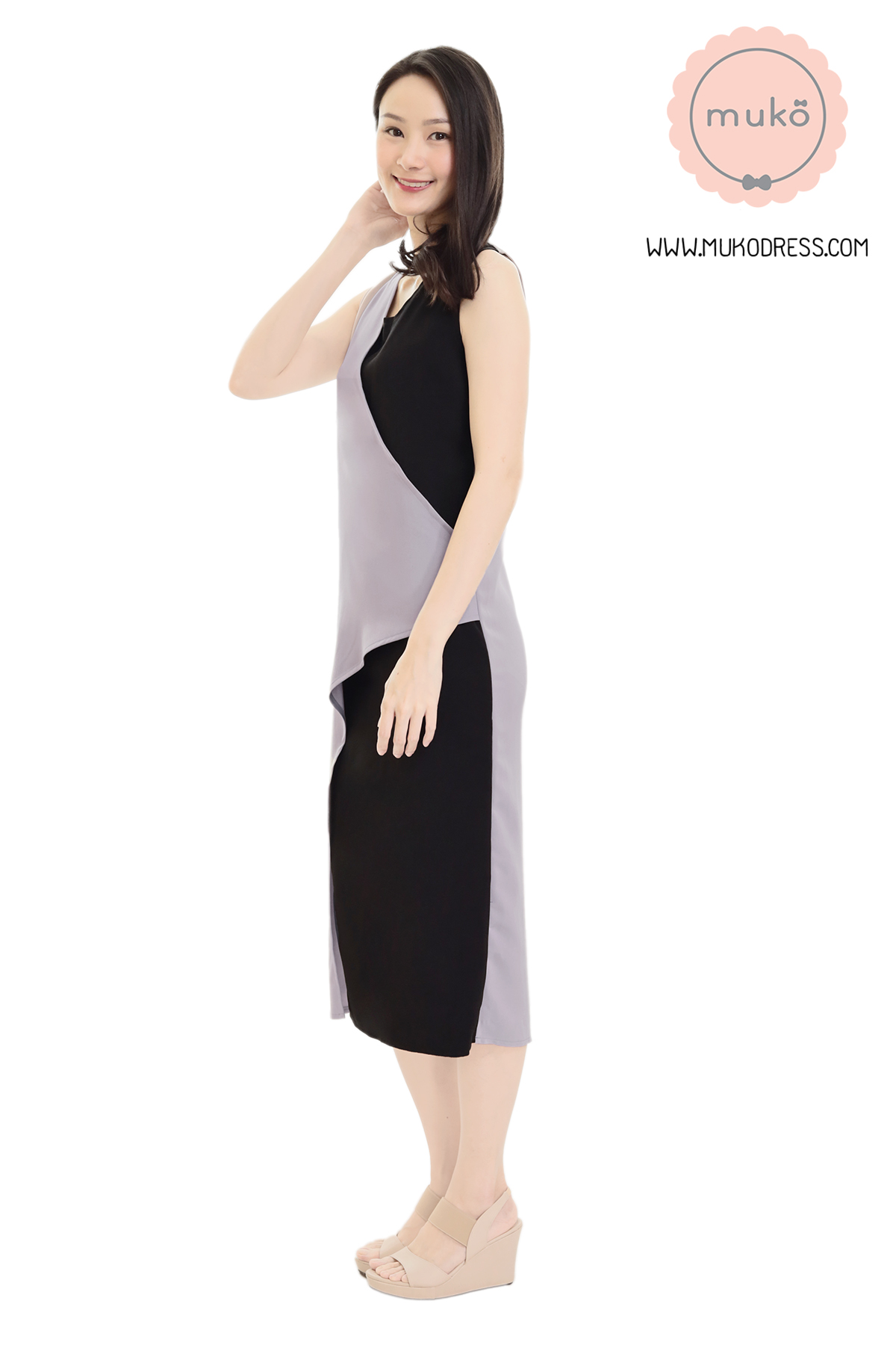 Muko Kinsley เดรสเปิดให้นม คลุมท้อง DP08-010 เทา-ดำ