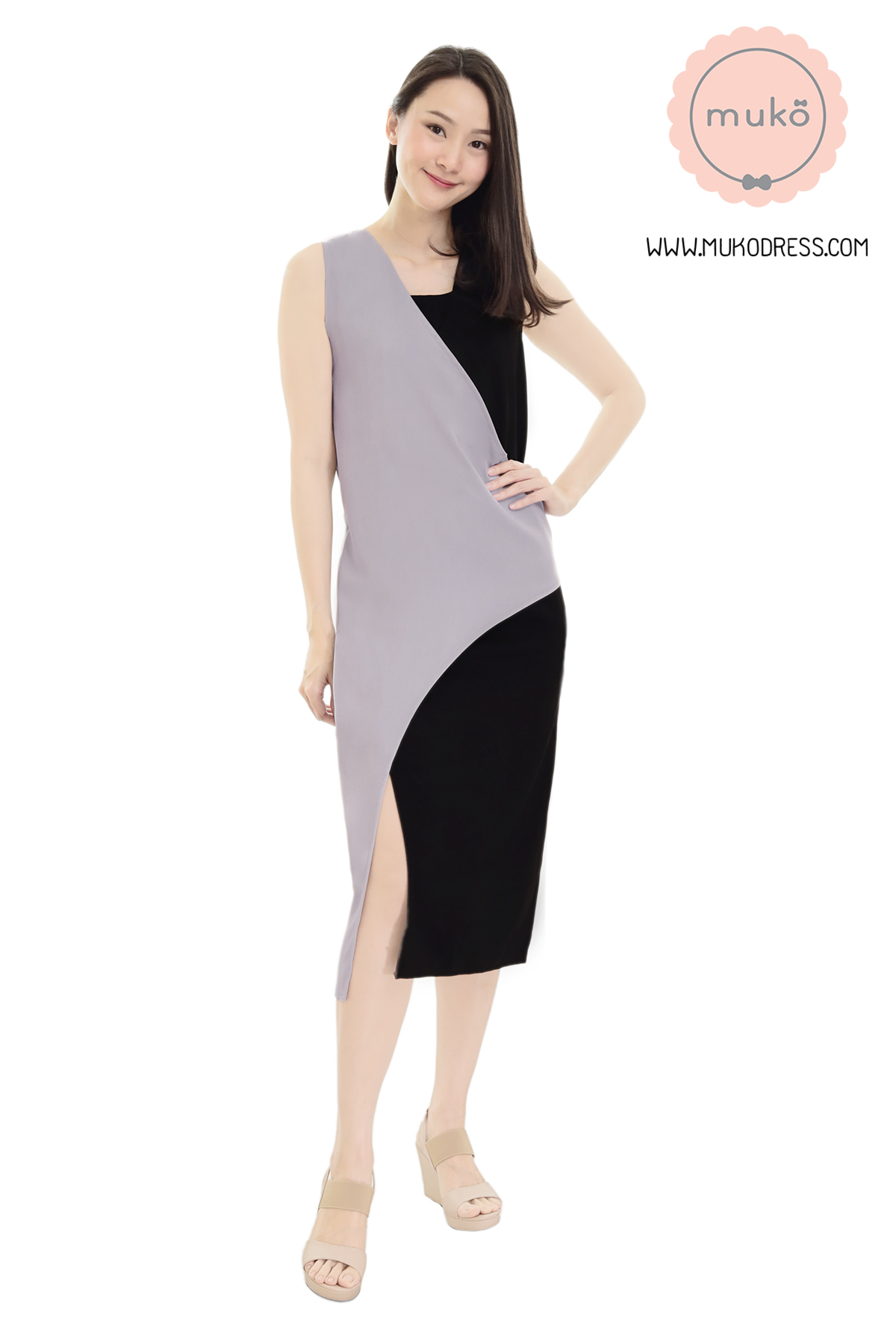 Muko Kinsley เดรสเปิดให้นม คลุมท้อง DP08-010 เทา-ดำ