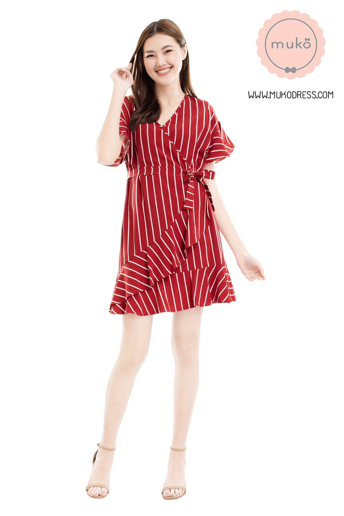 Muko MACY เดรสให้นม/คลุมท้อง DZ26-017 ริ้วแดงสด