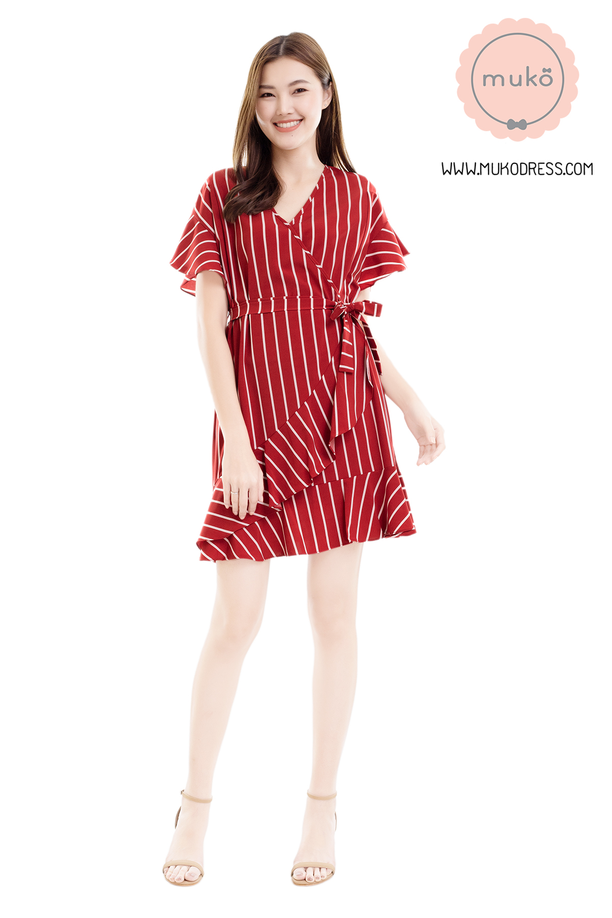Muko MACY เดรสให้นม/คลุมท้อง DZ26-017 ริ้วแดงสด