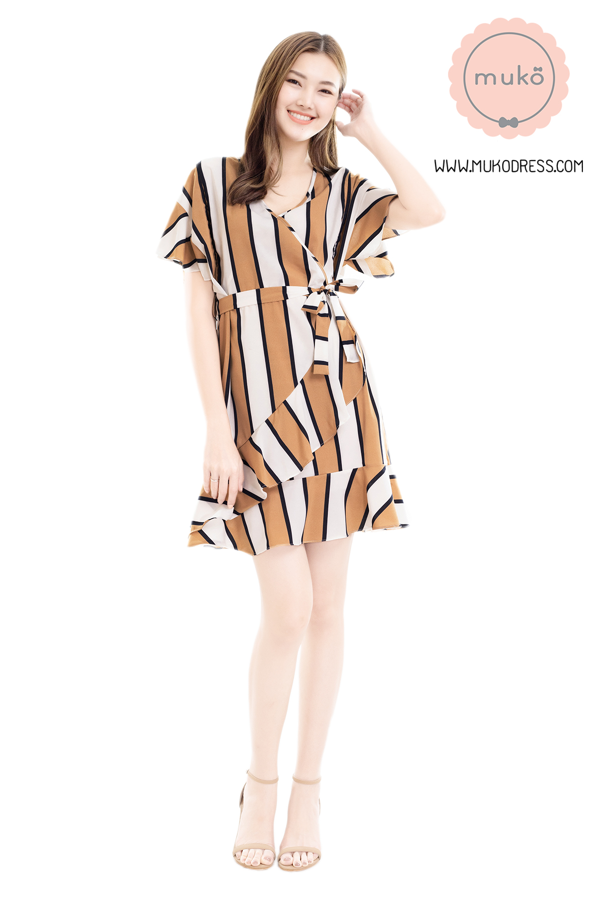 Muko MACY เดรสให้นม/คลุมท้อง DZ26-033 ริ้วน้ำตาลขาว