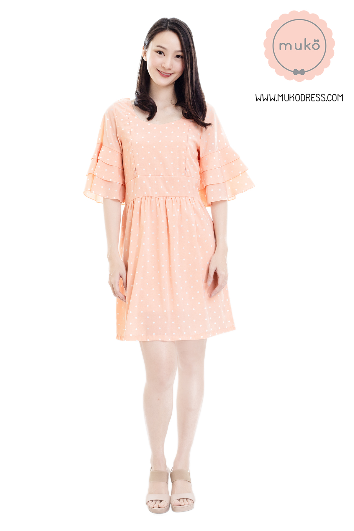 Muko Camelia เดรสเปิดให้นม คลุมท้อง DZ36-006 โอรสจุดขาว Muko Camelia เดรสเปิดให้นม คลุมท้อง DZ36-006 โอรสจุดขาว