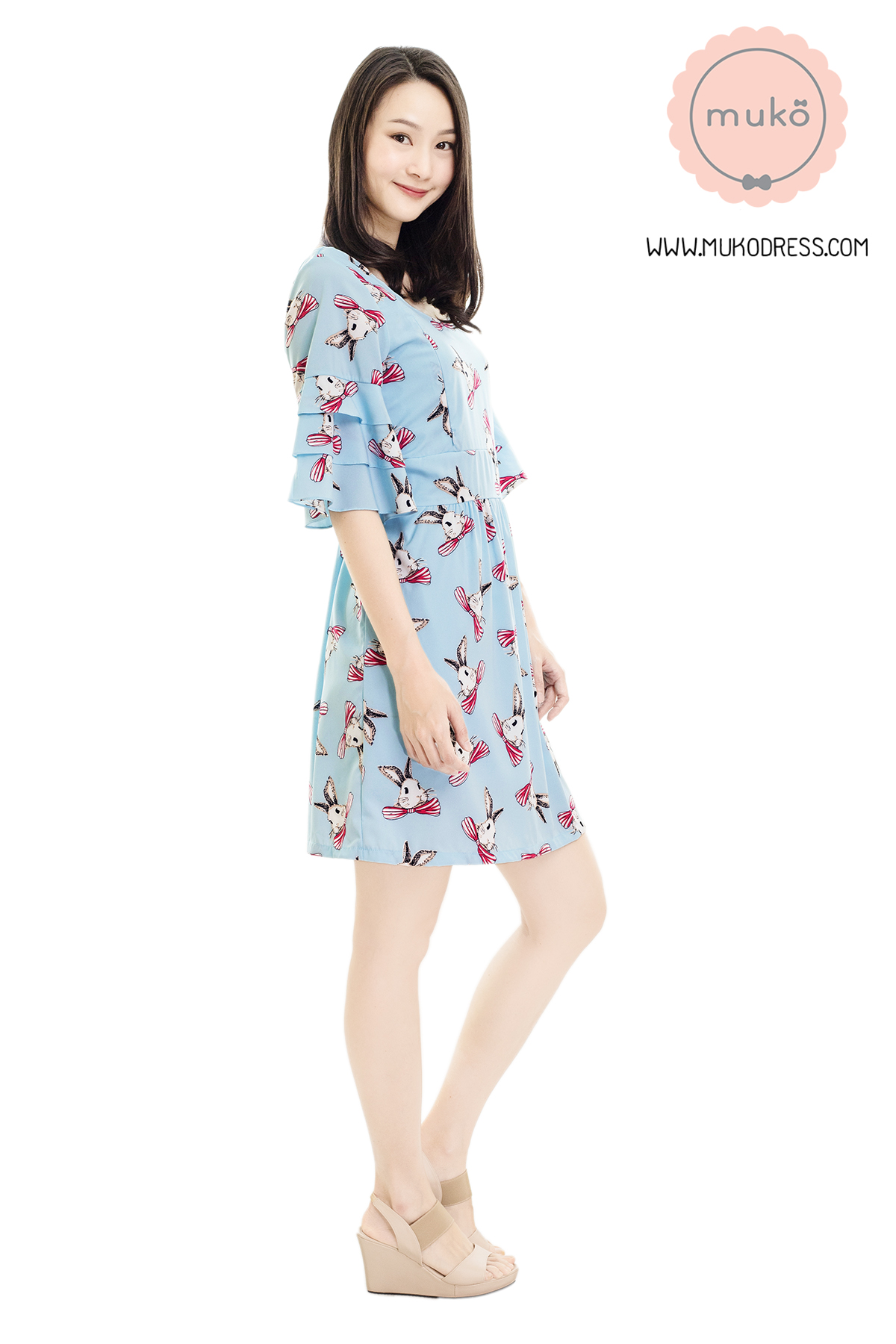 Muko Camelia เดรสเปิดให้นม คลุมท้อง DZ36-008 ฟ้ากระต่าย