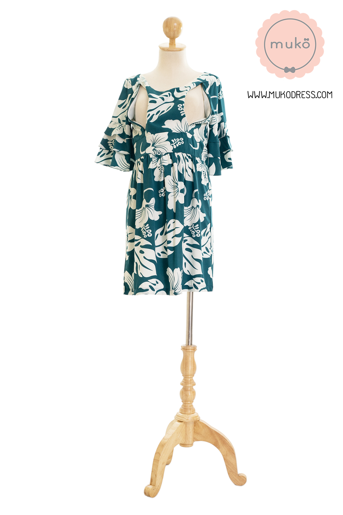 Muko Camelia เดรสเปิดให้นม คลุมท้อง DZ36-013 เขียวดอกชบา