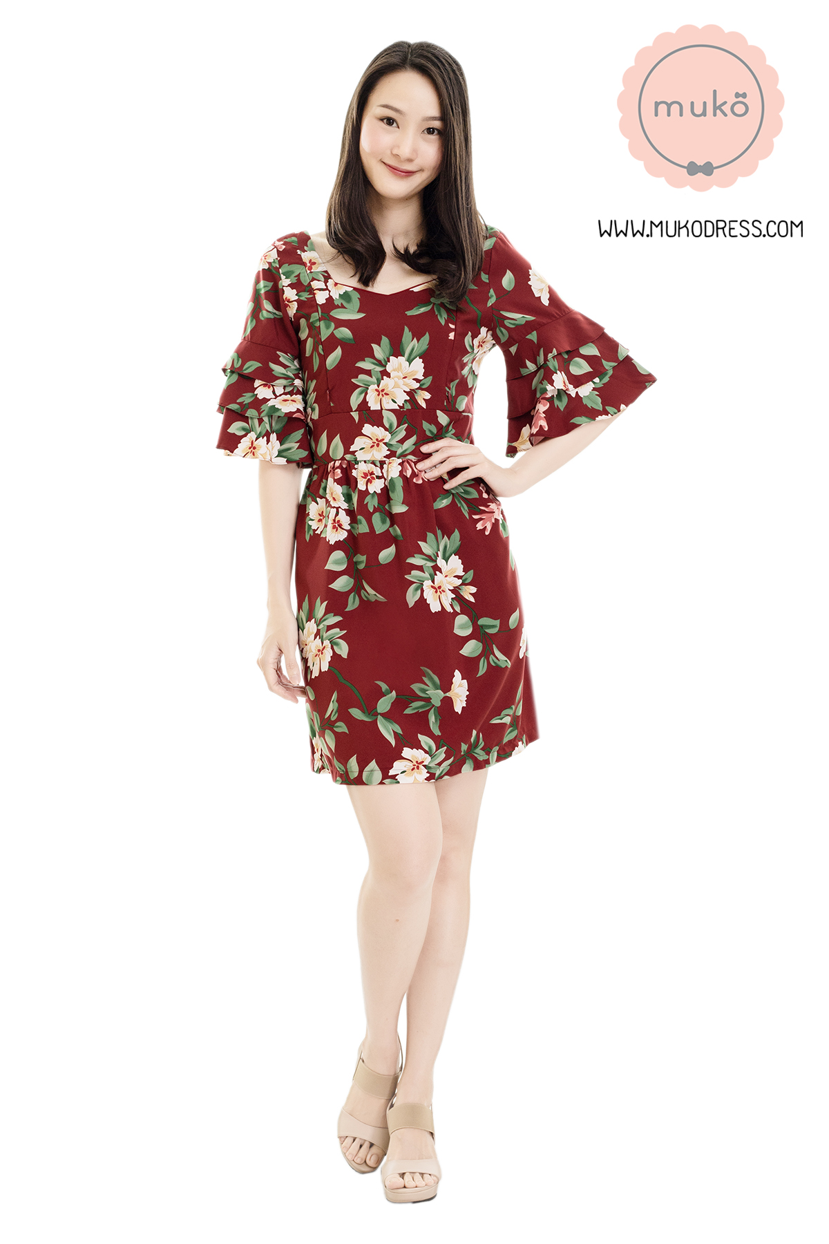 Muko Camelia เดรสเปิดให้นม คลุมท้อง DZ36-014 แดงดอก