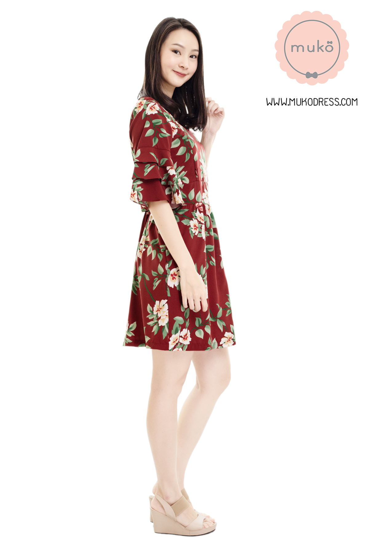 Muko Camelia เดรสเปิดให้นม คลุมท้อง DZ36-014 แดงดอก