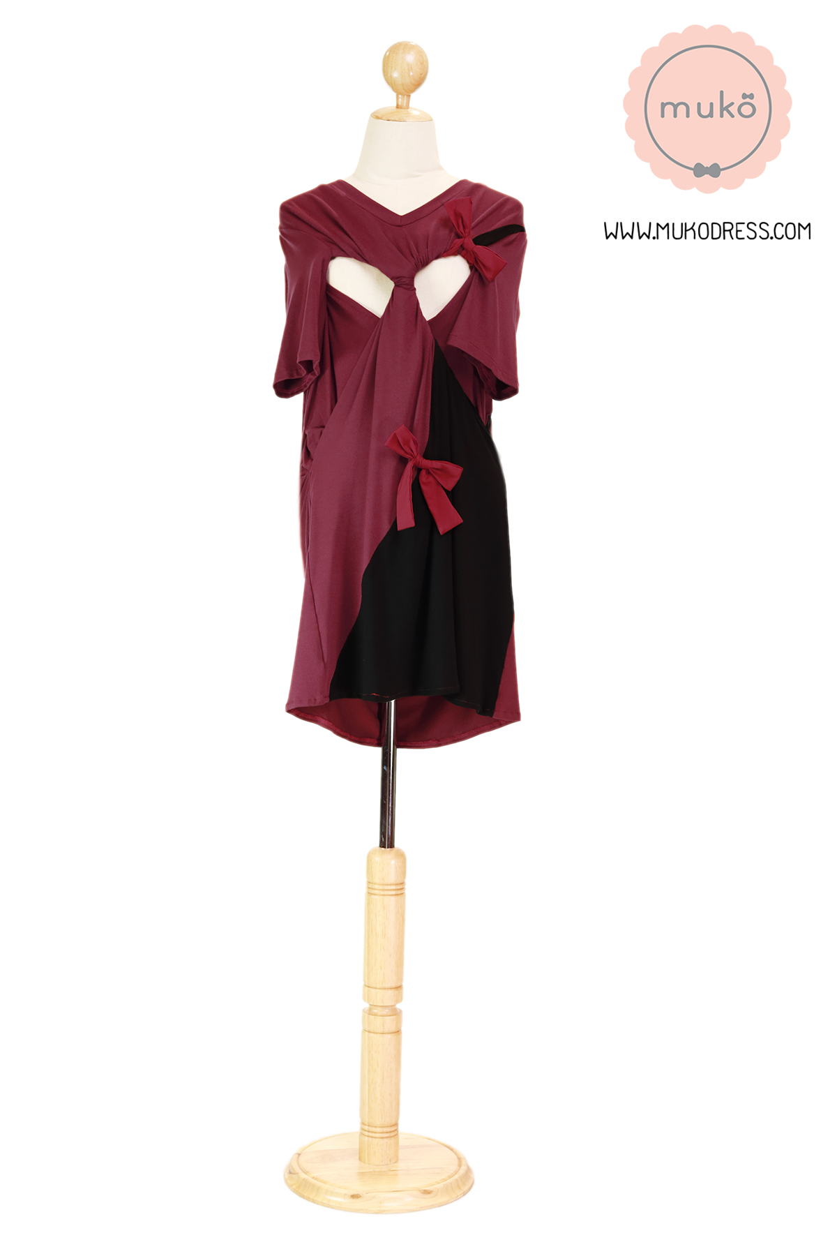 Muko Poem เดรสให้นม คลุมท้อง DR30-014 แดงเลือดหมู-ดำ