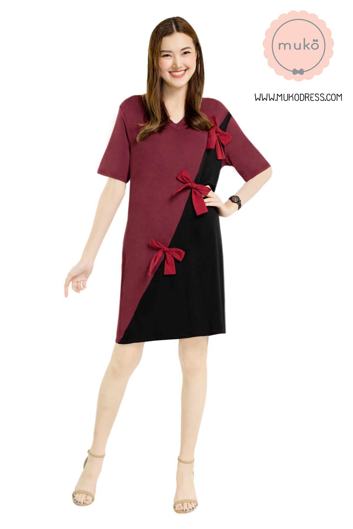 Muko Poem เดรสให้นม คลุมท้อง DR30-014 แดงเลือดหมู-ดำ