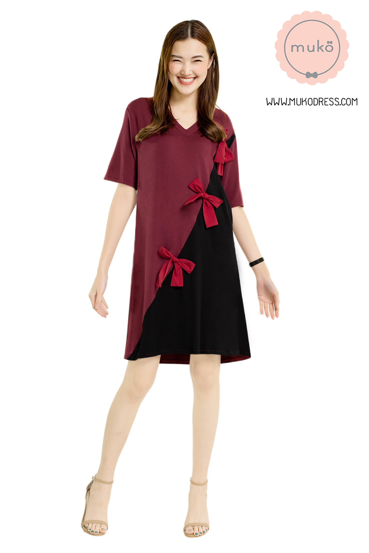 Muko Poem เดรสให้นม คลุมท้อง DR30-014 แดงเลือดหมู-ดำ